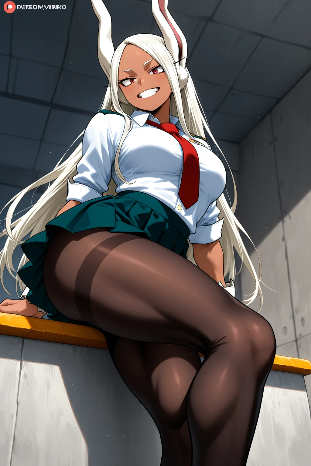 absurdres, high resolution, masterpiece, detailed, subsurface scattering, realistic lighting, detailed face, 1girl, integra hellsing, suit, standing, no rim glasses, blue eyes, platinum blonde hair, sitting on a desk, upskirt, camel toe, white panties, leg spread, big breasts, smiling, pov, tan skin, <lora:hellsing:0.3> <lora:alucardserasintegra:0.5>