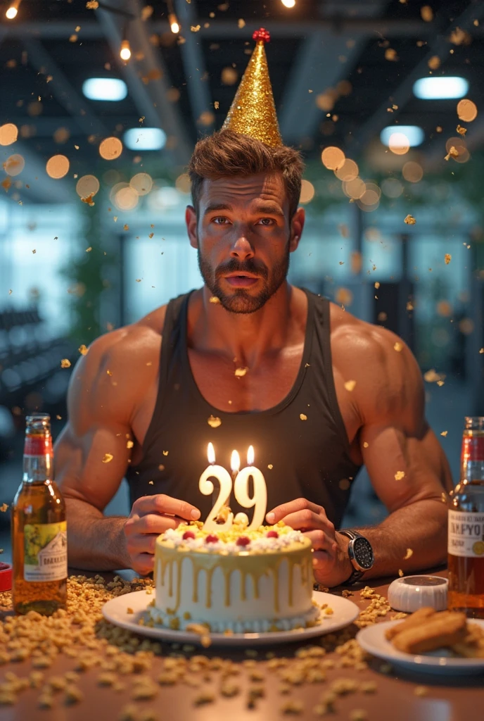 a muscular man without a shirt wearing the cap and pants of the Aston Martin F1 team of the year 2023 offering a birthday cake with the name "happy birthday Abril" on the cake. In the background of the image a group of shirtless young men on top of a Formula 1 car