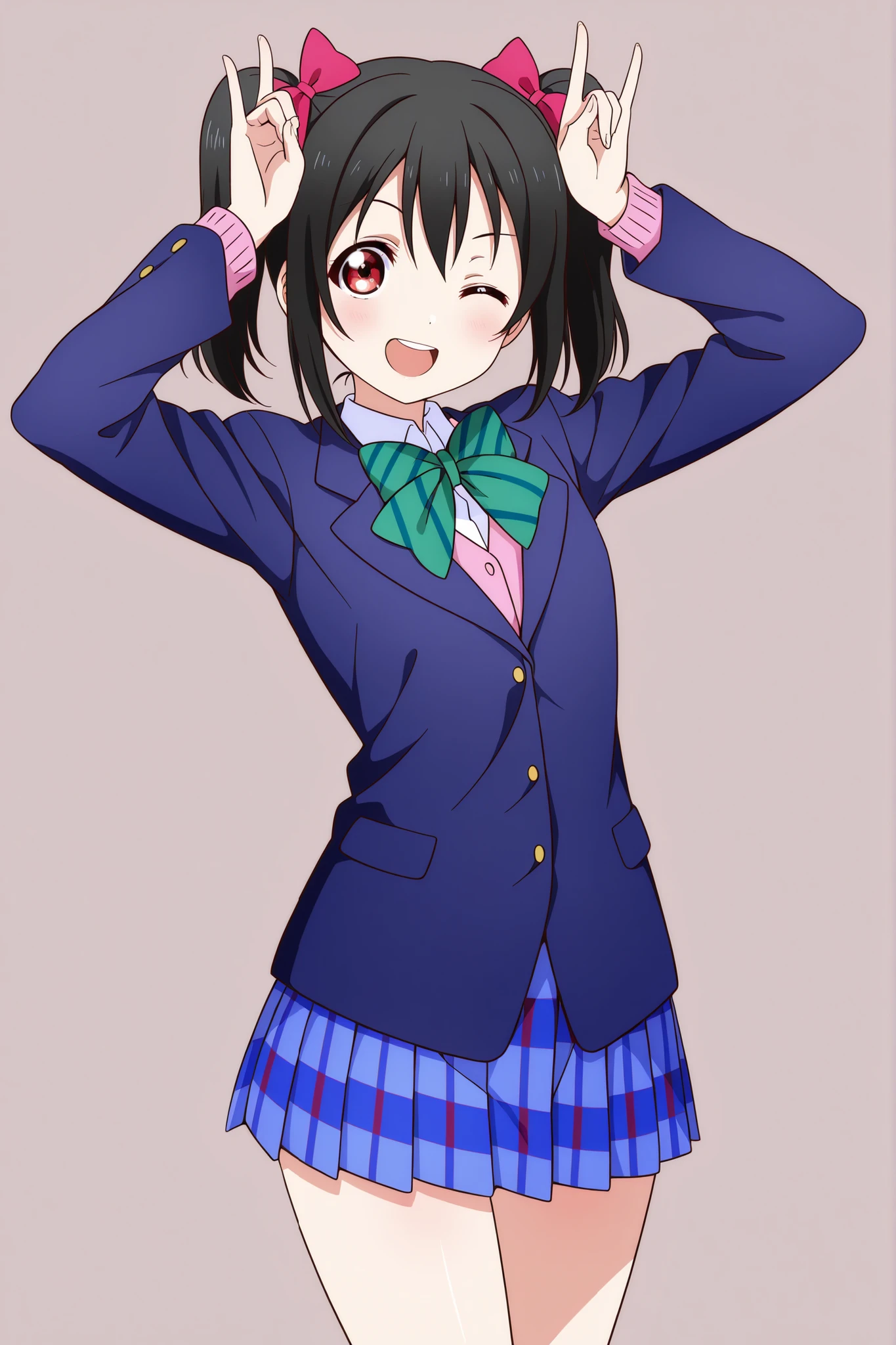 niko yazawa,solo, black hair, red eyes, bow, twintails, hair bow,
skirt, school uniform, jacket, blazer, winter uniform, otonokizaka school uniform,smile,open mouth,one eye closed,((nico nico nii gesture)),hands raised her head side,high quality,high detailed,masterpiece