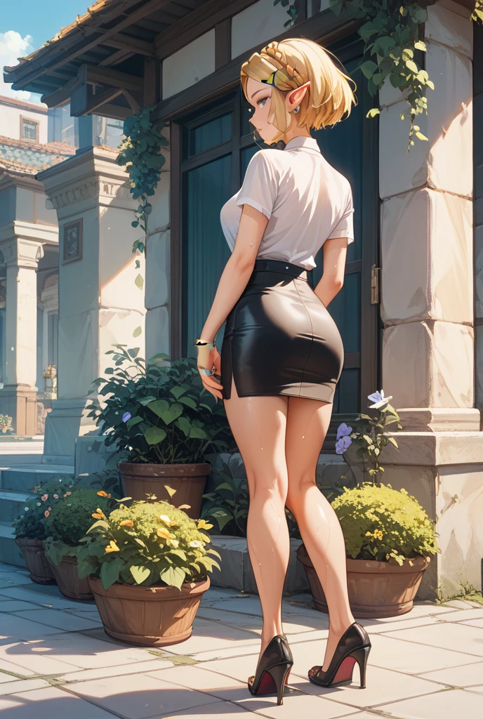 masterpiece, best quality, extremely detail 8k cg, high resolution, 1girl, pakura, green hair, orange eyes, perfect eyes, choker, outfit-gls, sweater, high-waist skirt, high heels, perfect ass, huge breasts, forhead protector, outdoors, garden, standing, beautiful face, wide shot photo, full body, from behind