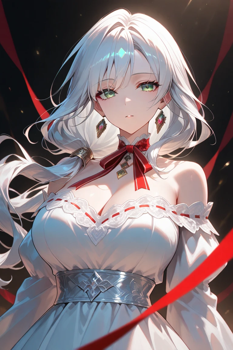 ((((Obra maestra, La mejor calidad, ultrahigh resolution)))), 1girl, standing, (cute maid costume), ((long pure silver hair and grey mesh hair, hair over eye)), long hair cut, pale skin, ((red eyes)), glowing_eyes, neon eyes, (ultra detailed eyes:0.7, beautiful and detailed face, detailed eyes:0.9), ((centered)), smile, ((wide shot)), facing viewer, ((vibrant background, bright lighting, summer, sunlight)), flat chested, looking at viewer, ((half closed eyes)), ((perfect hands)), (((head:1, arms, hips in view, elbows, arms, legs, in view))), ((hands behind back)), empty eyes, beautiful lighting, ((outside, outdoors)), defined subject, head tilt, (((gritty)), ((creepy)), ((cool)), ((beautiful)), (((SFW)))