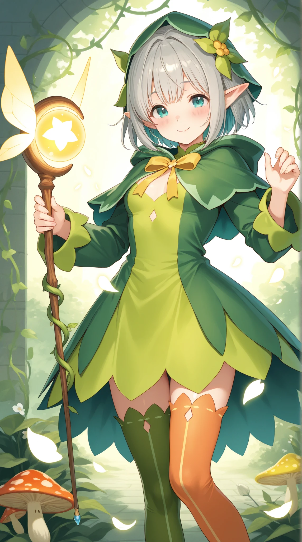 big breasts, cute, eyelashes,
ShamrockWorld, clover, four-leaf clover, light particles, green top hat, solo, smile, hat, bow, pointy ears, striped, bowtie, green eyes, formal, top hat, green headwear,
tlrmomo, pink hair, hair flower, green bowtie, short sleeves, demon tail, standing, head tilt, curvy, narrow waist,  smile, blush, cowboy shot, looking at viewer, zPDXL