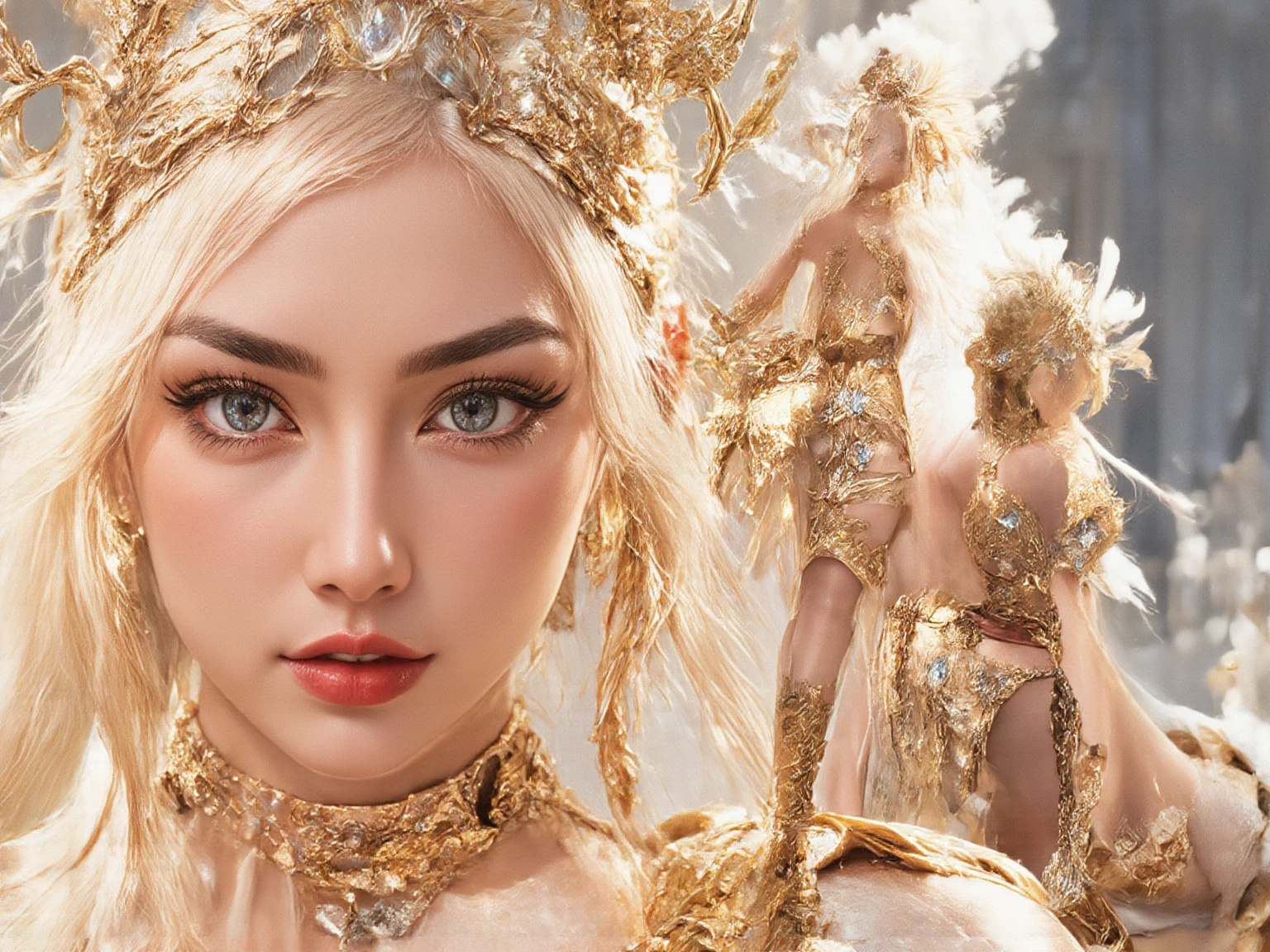 ((​masterpiece:1.4)、(top-quality:1.4)、(reallistic:1.7))、 Beauty Model Fashion Show、1girl in、Extraordinary beauty、 style:1.4、 shiny:1.4、 、By Luis Royo、age19、Ultra Bikini、Looking Back Beauty、Outstanding style、Ergonomically normal body shape、standingn、fullllbody、foco nítido:1.5、Slender Abs、beauty legs、Beautiful 、A detailed eye、Raw photo、red-lips、Red high heels、a choker、a necklace、耳 Ring、The background is the Met Gala at the Metropolitan Museum of Art in New York、