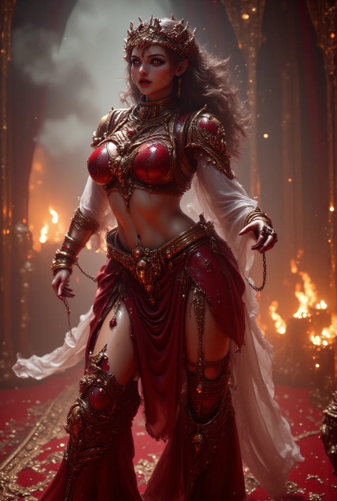 "Create a compelling anime villain inspired by India: Rudra Roop, with fiery red hair and a menacing presence. Infuse elements of Indian mythology and symbolism into the character's design, incorporating dark, regal attire and fierce, calculated demeanor. Reflect India's mythological complexity and depth in Rudra Roop's persona."