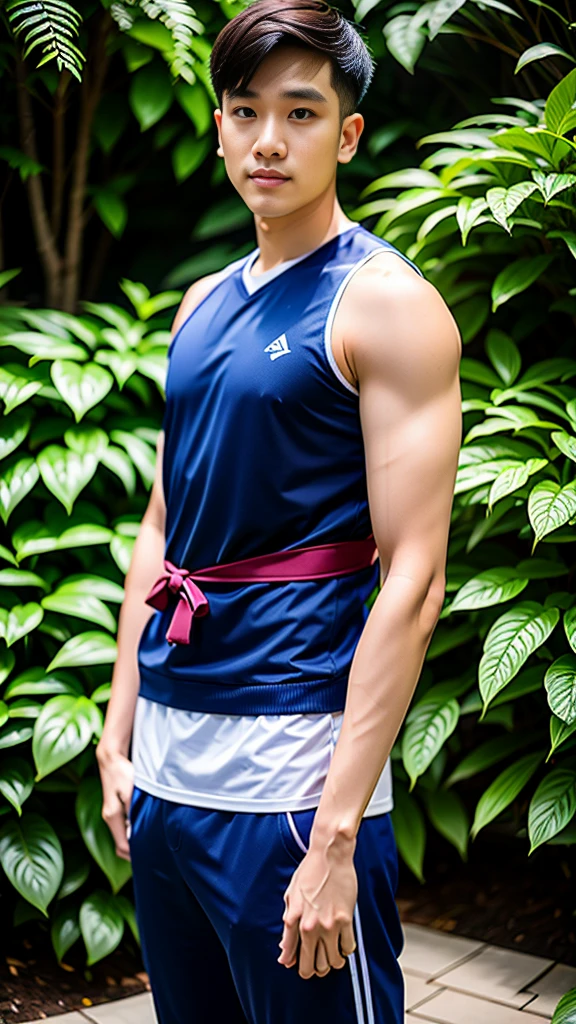 Two Japanese boys、Height difference: 12 years、Both are very short、Muscles and smooth skin、Very short hair、Relaxed and cheerful smile、Very manly pose、Lightweight boxer briefs、Posing muscles、put your hands behind your back、