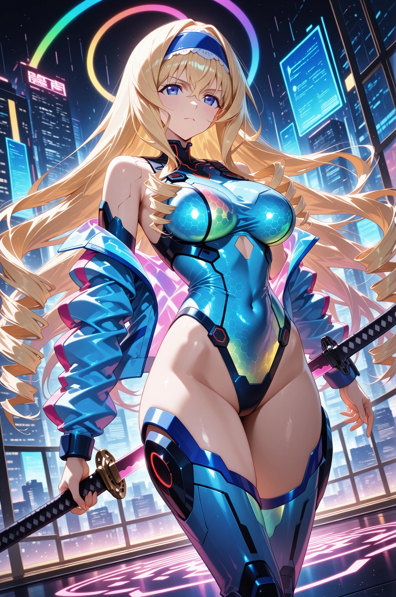 Highest quality、very beautiful、Highest quality、Talented and colorful、Beautiful big breasts、Blonde hair and blue eyes、Blonde with blue eyes、alien、Beautiful appearance、Lady、Beautiful Abs、purple high leg leotard、The background is a spaceship in the city,Lazy smile、Are standing、Look forward