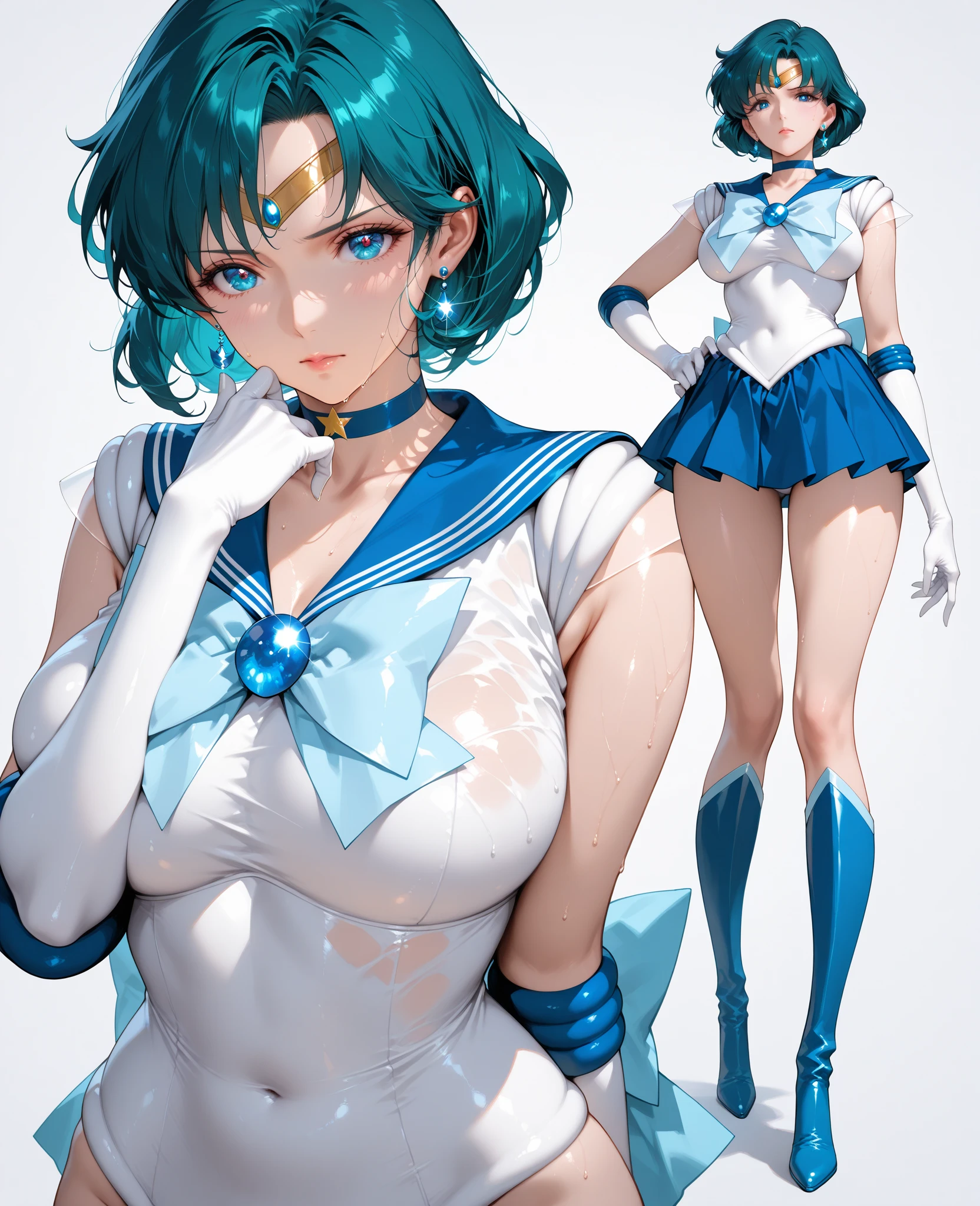 (masterpiece), (Highest quality), Realistic, Cinematic Light, Mizuno Ami, Sailor Mercury, stand, Battlefield Background, Perfect body, Blue Hair, uniform Huge penis Huge Onahole