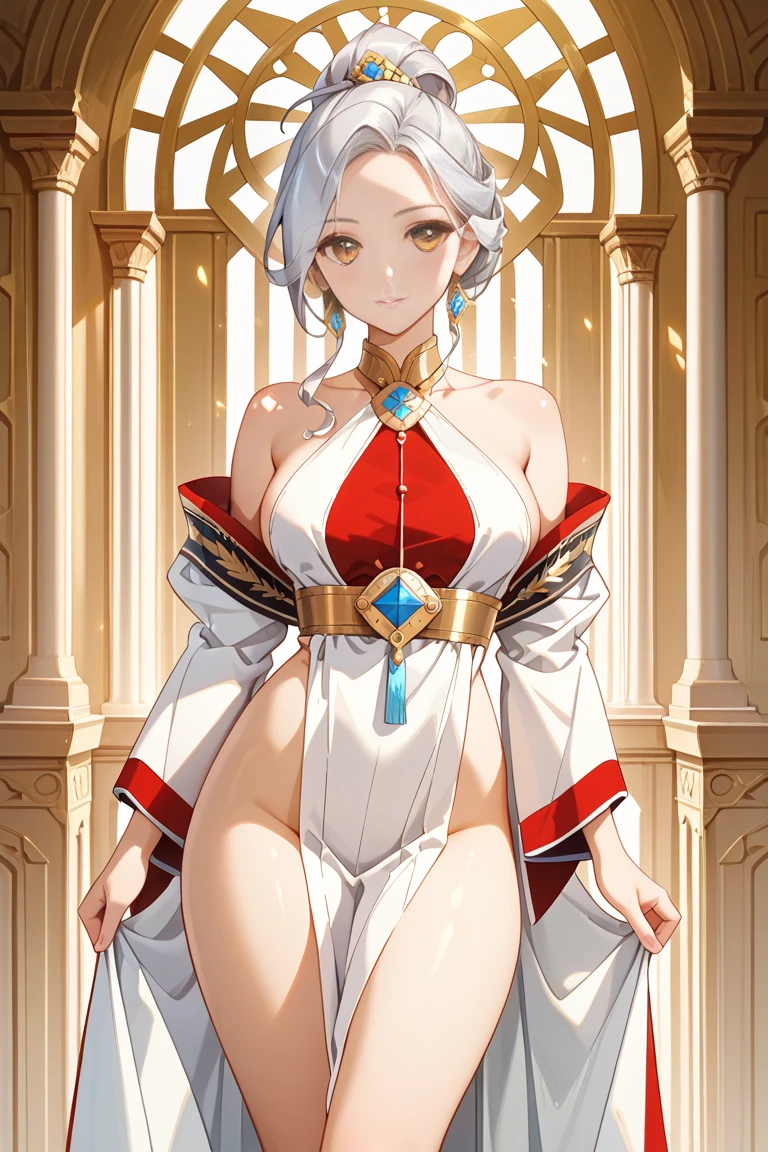 Anime girl, long dress revealing thigh and breast but not so much revealing