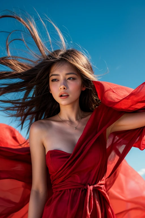 dressart,red dress , floating hair , (floating dress:1.4), (photo art), 1girl, Stunningly Beautiful Girl, Haute_Couture, designer dress, wearing Haute_Couture, posing for a picture, Long shaped face, angry, crazy, dark red eyes, red hair, long ringlets, \(walkway)/ colorful, vivid colors, masterpiece, best quality, absurdres, highest quality, amazing details, 8k, aesthetic,