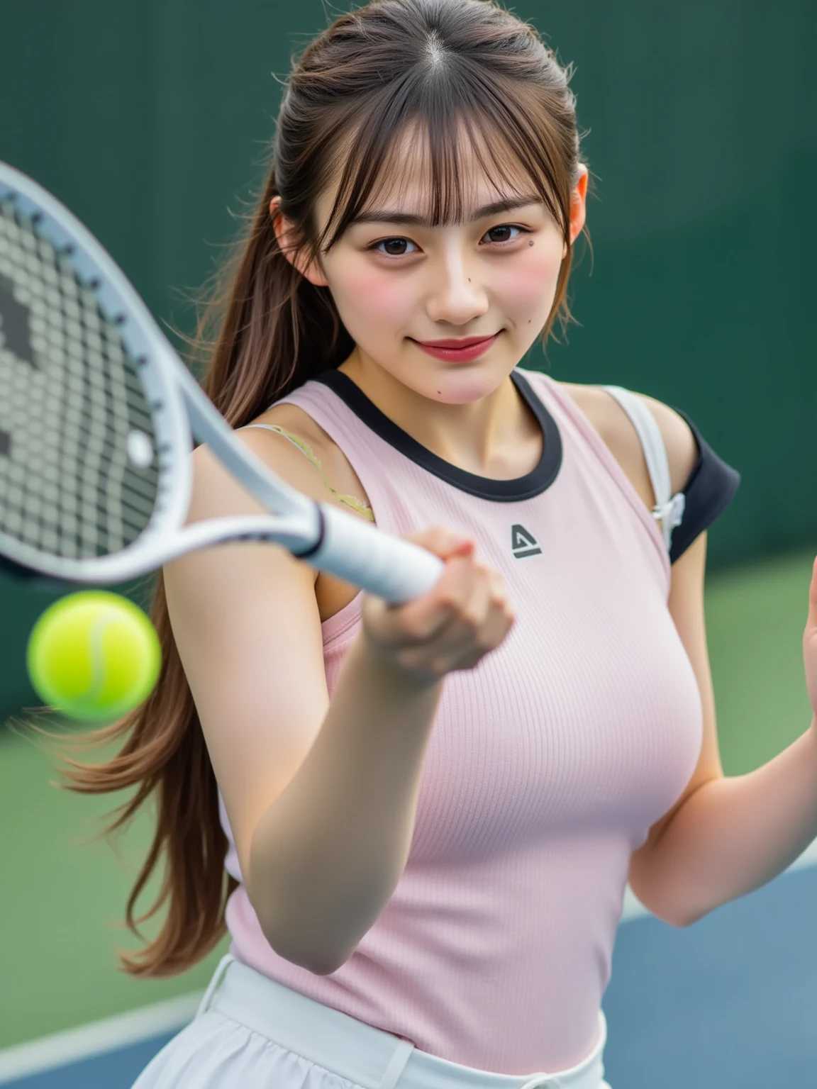 masterpiece, Ultra-fine illustration, highest quality, particles of light, Super detailed, 8k wallpaper, (bright colors:1.2), alone, (((small breasts))), thin, 22 years ago, delicate body, , (black long hair), twin tails, two side up, messy hair, shiny skin, beautiful pink eyes, shining eyes, loving smile, enchanting smile, blush, {{(tennis wear:White and pink colors)}}, (racket), Tennis court,