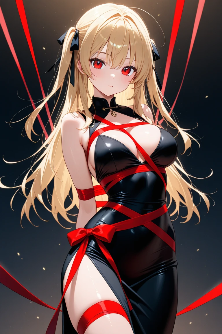 1girl,solo,cowboy shot,standing,(blonde hair:1.2),long hair,cone hair bun,hair ornament,hair intakes, ahoge, bangs,(red eyes:1.2),(beautiful fingers:1.4),(perfect anatomy:1.4),(arms_behind_back:1.6),(cold_shoulder:1.2),BREAK,(red leotard:1.4),(leather lace glossy silk lamé:1.4),(latex luster shiny glossy:1.6),(shiny_clothes:1.6),medium breasts,beautiful breasts,masterpiece,best quality,(Ultra high definition eyes:1.2),8k,(Beautiful detailed eyes:1.2),(Fine and beautiful eyes:1.2),(pretty eyes:1.2),finely detail,extremely CG, absurdres,high resolution,illustration,Detailed and beautiful outlines,finely detail,high resolution,(colorful refraction:1.4,Increase saturation:1.2),beautiful lighting,dynamic lighting,closed room,black background,simple background, smile,looking at viewer, blue bowtie, red jacket, red coat, long sleeves, belt, garter straps,(white thighhighs)