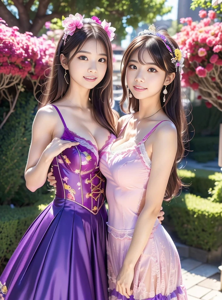 (masterpiece, best quality:1.5), highest quality, High resolution, super detailed, Realists, Upper body photo of a brunette young magical girl, detailed and beautiful eyes, beautiful detailed lips, very detailed eyes and face, longeyelashes, shiny satin dress, Holding a magic wand in your hand, Cast a transformation spell, Stones turn into roses, Magic wands present and shiny, Beautiful and colorful makeup, elegant and noble々The jewelry bag, Gardens as background, soft daylight, bright colors, fine brushstrokes, Portrait style, Silk dress fabric, beautiful color palette, glowing skin, First-class rendering, that captures every detail, enchanting atmosphere, subtle shadows and lights, (perfect ???????:1.2), (The stunning young magical girls turn stones into roses, on the table. (a transformation with the magic wand:1.4), (magnificent panorama view:1.2)