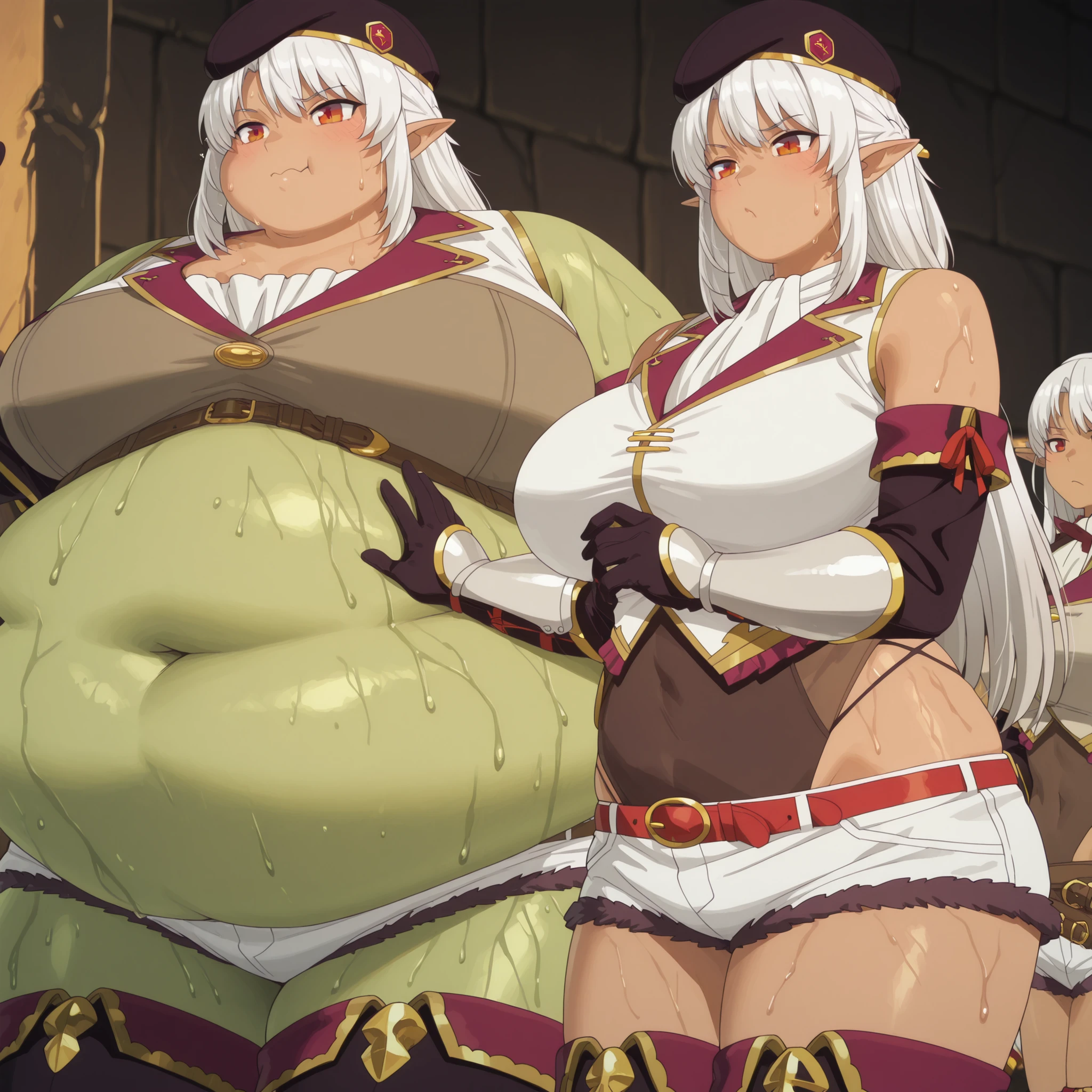 Becoming a orc, monster, silk amberwood (aparida), dark elf, long hair, white hair, pointy ears, red eyes, beret, adventurer outfit 2, white top, ribbon, detached sleeves, shoulder armor, black gloves, highleg leotard, leotard under clothes, white shorts, fur-trimmed shorts, belt, black thighboots,, mature female, big breasts, anime screencap, source_anime, Orc, Female Orc, green skin, round face, breasts, plump,,,, ,chubby cheeks,masterpiece, best quality, 1girl , wet body, sweating, fat, chubby, obese, gigantic arms and legs, large breasts,,