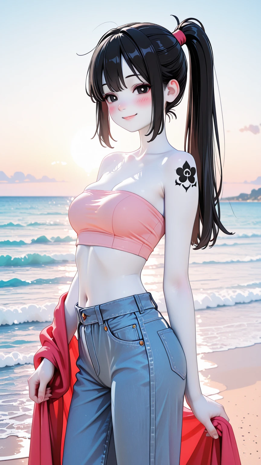 TheSpirit, floating hair ,((blue skin)),green eyes,navel, solo, beach, close up, blush,black skirt,very Long hair, fingernails, black stockings,huge black thighhighs, (insanely detailed, beautiful detailed face, masterpiece, best quality), ((black crop top)),wide hip