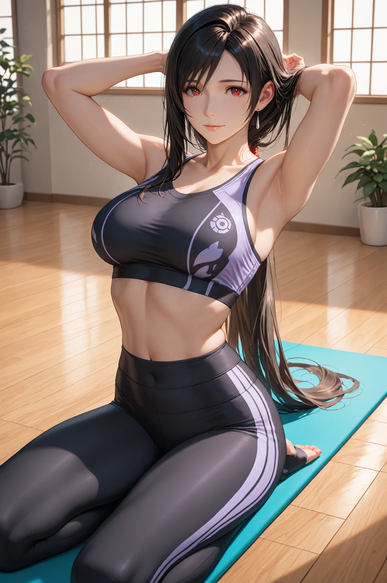 Masterpiece, Best Quality, (((Solo mature woman resembling Lucy Pinder))), (((Brown hair))), Ponytail, Large chest, (((wide hips))), (((aqua green eyes))), full lips, seductive smile, cleavage, (kneeling on mat in back yard), outdoors,  sunset, blushing, (((wearing black yoga pants with black sports bra))), [Janet], [Alice], "beautiful mature face" , age30 , milf , adult