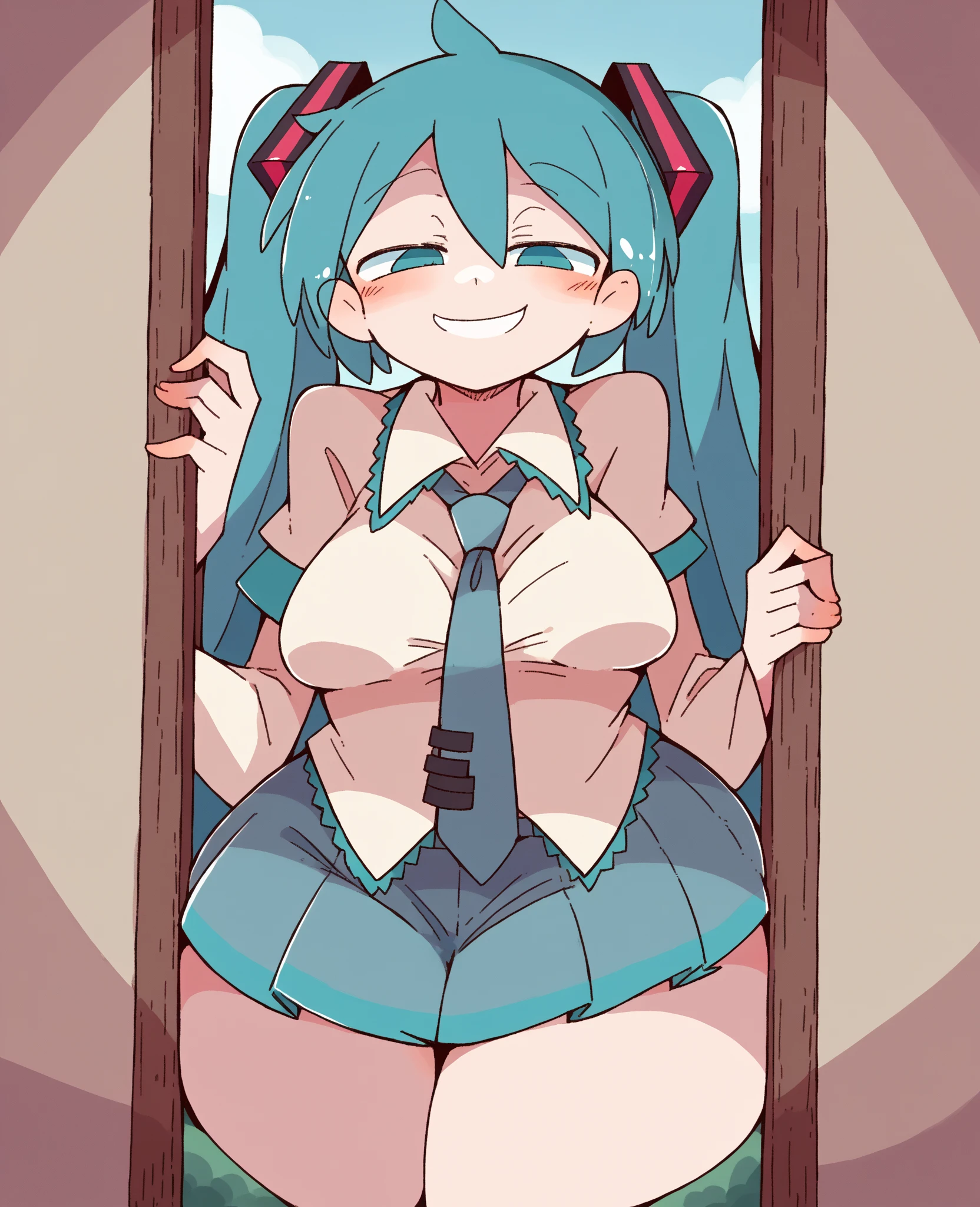 (Perfect body),Best Quality,(8K Portrait),(Official art)、((NSFW))、((Teenage female))、(((((embarrassed from)))))、1girl in,(:o)、(blush),(Sweat),(((((Normal breasts)))))、(thick thighs)、(big butts)、((Blue hair))、((Long hair))、long twintail、Orange jacket、(PINK Bikini)、 (red eyes)、(((Hands behind the head)))、Armpits、((spreading legs))、Cowboy Shot、at sea