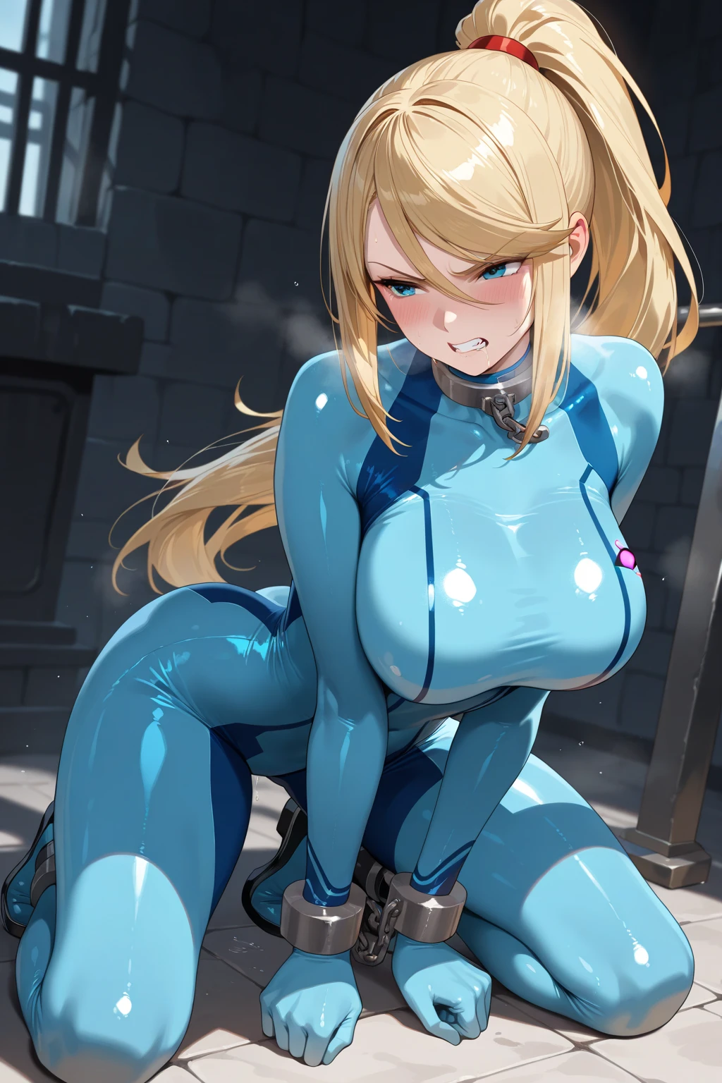samus aran, (facing viewer:1.25), ponytail, large breasts, hair tie, blue gloves, blue bodysuit, (full bodysuit:1.5), high heels, (standing straight:2.0), peeing herself, (wetting herself:2.0), very large peeing stain, huge pee stain, best quality, ultra-detailed, HDR, studio lighting, professional, vivid colors, sharp focus, physiologically-based rendering, bokeh, landscape, blue color palette, soft lighting, dynamic shadows, (hands on thighs:1.5), embarrassed, humiliation, blushing, angry, tears