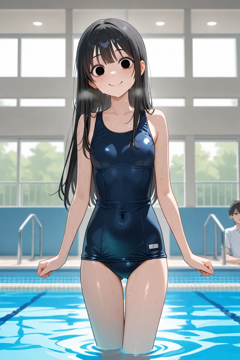 score_9, score_8_up, score_7_up , score_6_up, source_anime, nagatoro hayase, long hair, orange eyes, black hair, hair pin,competition swimsuit, blue one-piece swimsuit, cameltoe, tight, short height, teasing, showing , tanlines, smug, moan, small breasts, sweaty, blushed, gyaru, makeup,pink lips, eyeshadows, peeksex, behind door, 1man behind, no face man, dark skinned male, big penis, less smegma, pubic, hairy, smelly, fumes, intimidating, threatening, saggy balls, veiny penis, girthy foreskin, man wearing tight underwear, looking at viewer,