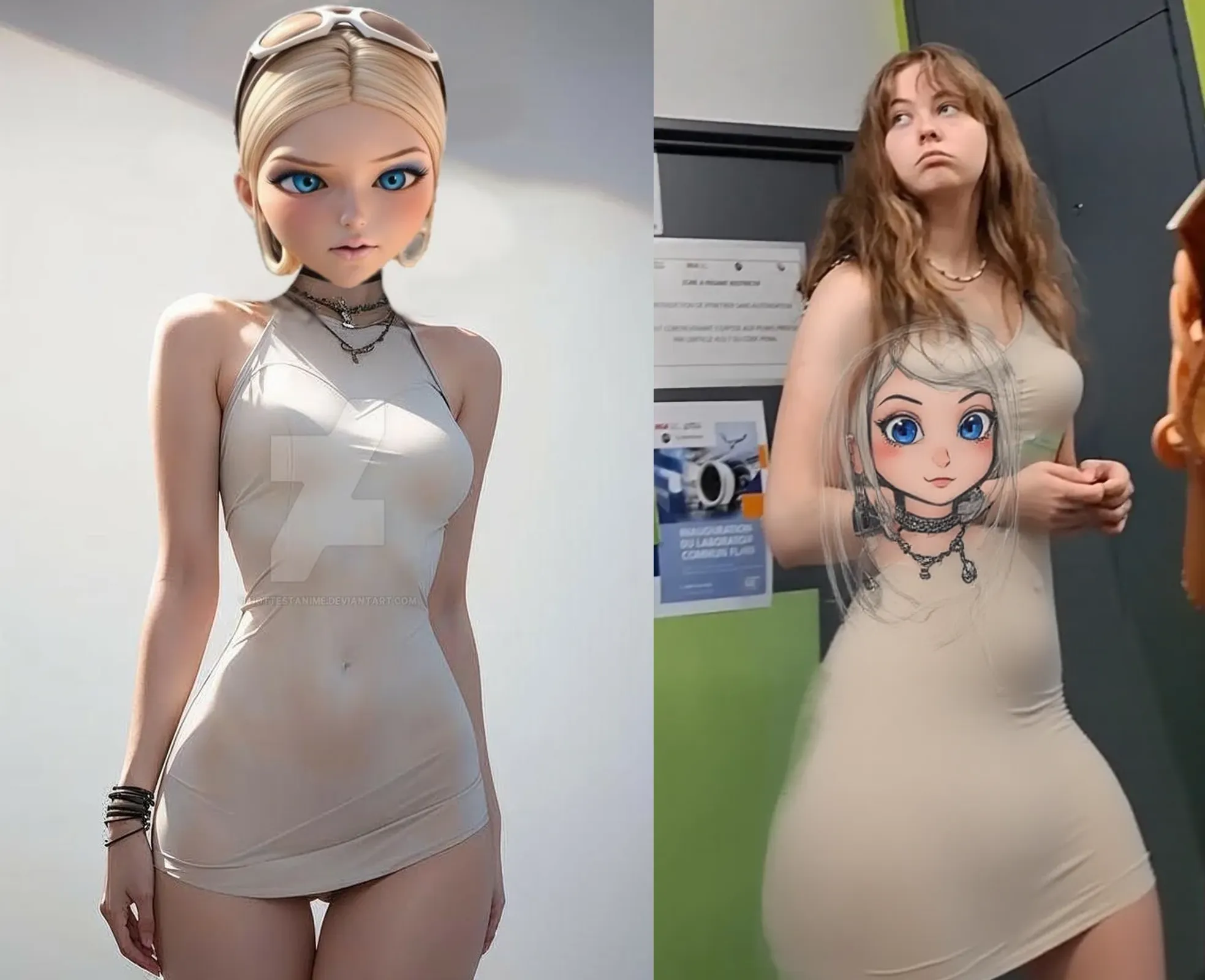A ditzy blonde (18, hourglass figure, huge , small panties, small bra, embarrassed, hand bra) has been abducted by tall gray skin aliens with huge eyes and enormous cocks, inside ufo