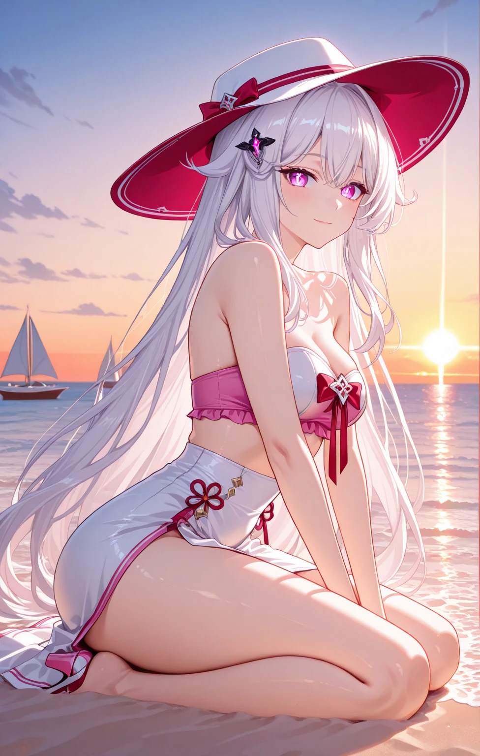 white hair, red eyes, laughing, water, seaside, beach, sunny girl