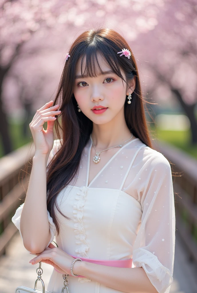 Park Background、masterpiece, Black Hair，Highest quality, figure, Ultra-detailed, finely, High resolution, 8K Wallpaper, Beautiful and fine details, Medium Hair,Color Lip, cute,cute