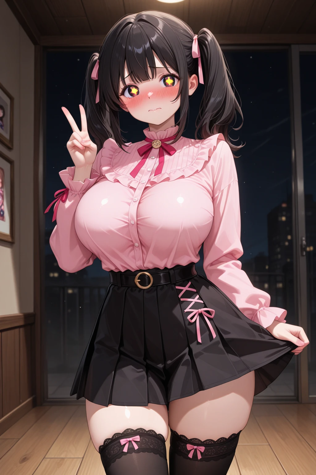 masterpiece, highest quality, High resolution, 1 girl, alone, hair ring, Pom Pom Hair Ornament,One-piece attire,skirt, short bob,bob hair,ribbon, blush,smile, wearing randoseru backpack,My clothes are transparent,nipple,big breasts,young girl,My clothes are transparent 、、squat with legs apart、Cute patterned pants、blush、embarrassed look,clothes get wet,nippleが透けて見える、thick white love juice, A large amount of love juice drips