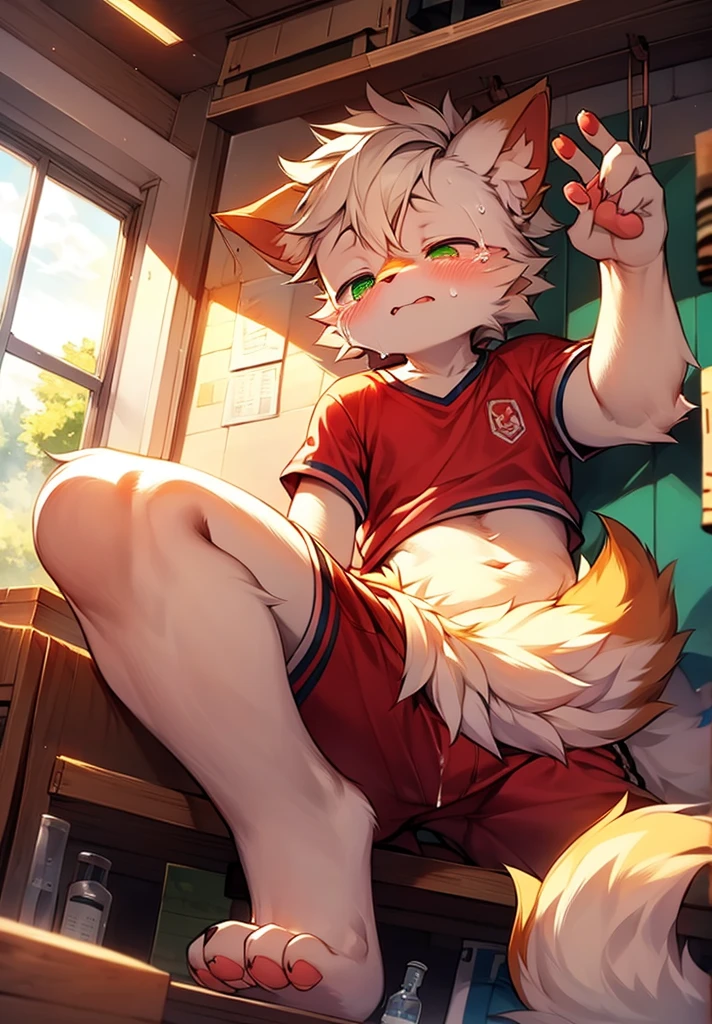 masterpiece,high quality,ridiculous resolution,number\(一件artwork\),kiyoyama,(fluffy fur:1.1), author:Sumi Kuroi, (brightness:0.8), Shota,juvenile,Zangoose, (red eyes,The whole body is white and furry,cat nose:1.2),眼睛有brightness,panoramic,Character focus。Detailed background,(stripe soccer t-shirt,shorts, Sweating,:1.2), Zangoose Male,sit on the floor, crew socks,primary school,soccer,Protruding crotch, Clothes soaked with sweat,very suitable,Proud,cute,masterpiece,high quality,abstract research,number\(artwork\), yupa, (Hana Charcoal,fluffy fur,Character focus:1.1), short hair,portrait , eyes are very bright, panoramic, Character focus.(Detailed background:0.7),