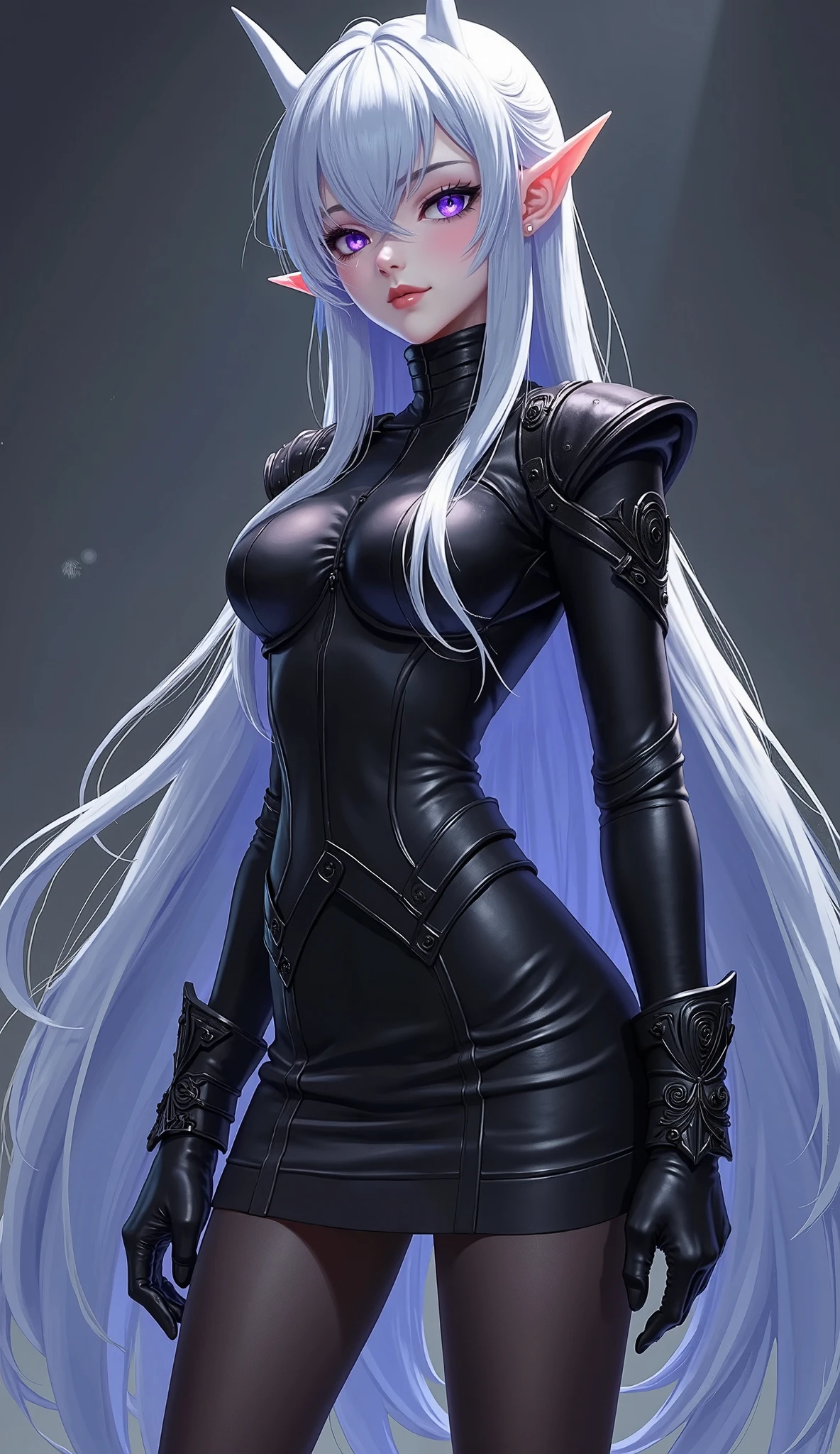 Young woman dressed in black armor, long white hair ,violet eyes in a cartoon manga style