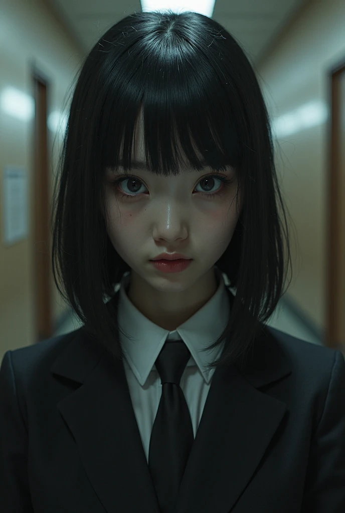 anime girl with black hair and bangs with green eyes, with her face more focused in the image, wearing a black coat in an apartment at night