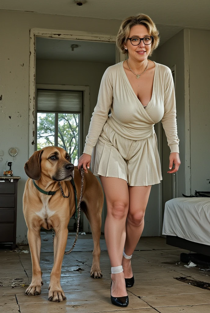 A ditsy blonde (Mini skirt, tube top, no panties, huge , mega breasts, hourglass figure, no panties) bending over to pet a puppy, busy sidewalk
