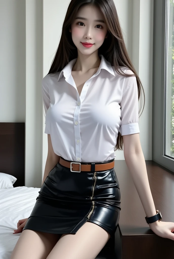 (8k), (highest quality: 1.2), (Realistic), (Realistic: 1.37), Ultra-high resolution, 1 girl, cute, Embarrassed expression,smile, (Blushing:1.4),Mouth closed, Beautiful details, Beautiful Nose, whole body, smooth black hair, Giant Dulcefo, pork, Thighs,Leather mini skirt,Leather platform boots,(shirt formal, light bule:1.2),cute ,like an idol,Sculpture Pose,(濡れて光るThighsにクローズアップ)