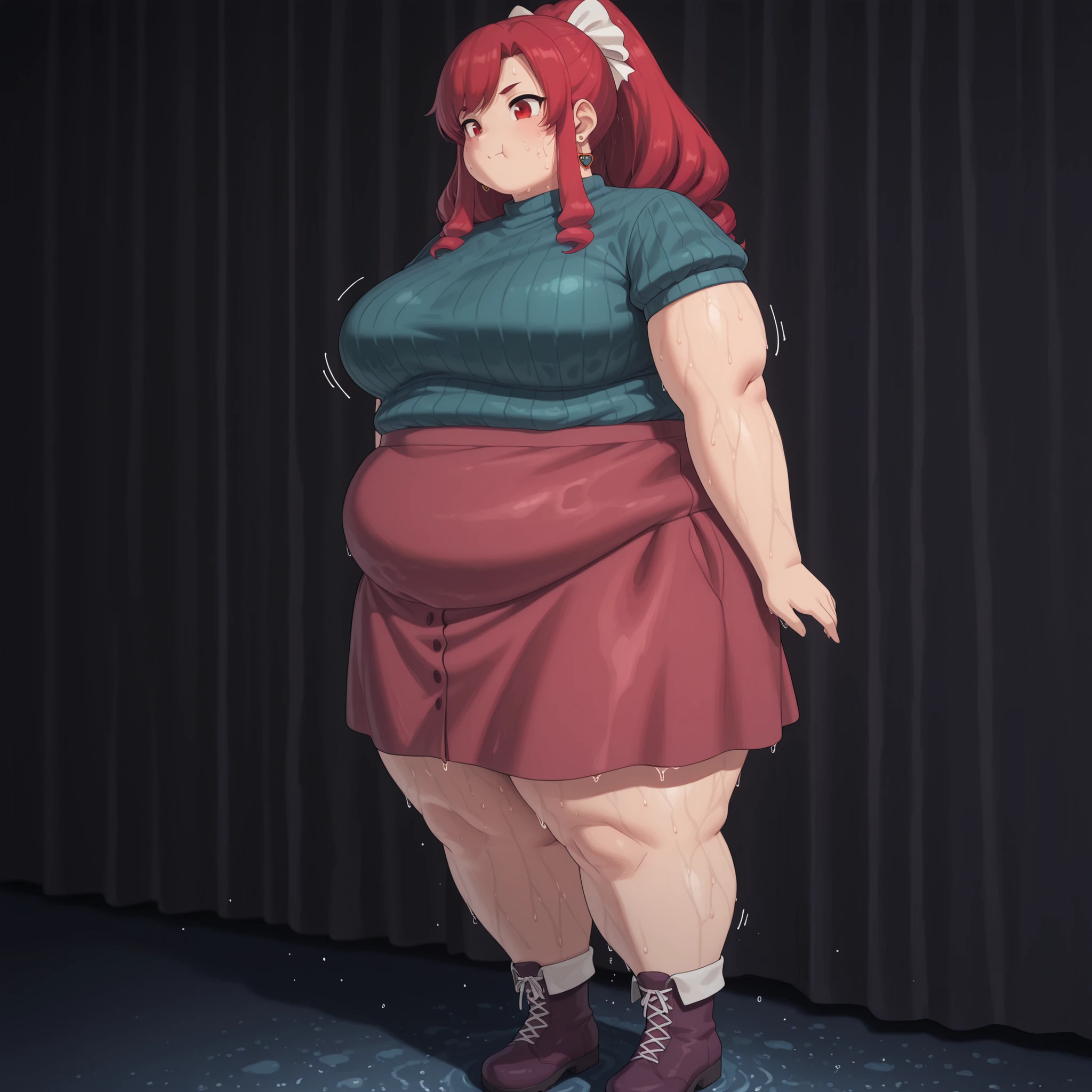 (((baby))), bikini, fishnet stockings squeezing thighs, Belly expuesto, ((red hair with fringe)), ((obese chubby))), ((fat face)), (((big belly))), (((open mouth))), fat and wide thighs, Belly, (((tender))), (((standing on a table with a lot of food))), detailed background, ((full body image)),