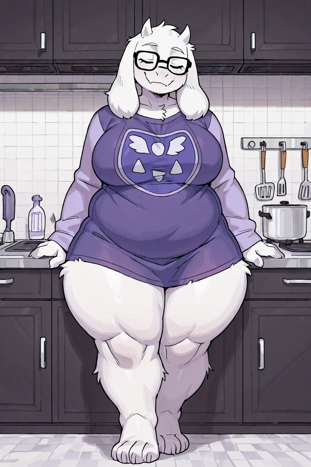 [toriel], [Undertale], [Uploaded to e621.net; (Pixelsketcher), (wamudraws), (woolrool)], ((masterpiece)), ((HD)), ((high quality)), ((solo portrait)), ((front view)), ((feet visible)), ((furry; anthro)), ((detailed fur)), ((detailed shading)), ((beautiful render art)), ((intricate details)), adult, mature, {anthro goat; white fur, white nose, (cute maroon eyes), (short eyelashes), (short goat horn), short fluffy tail, (big ), (gorgeous wide hips), (thick thighs), (kenket), (blush, glasses), (frown)}, {(big boobs, big , big , nipple outline), (dress, purple dress:1.2), (big butt), (white rune on chest)}, {(standing, pose)), (covering self, open mouth), (looking at viewer)}, [background; (kitchen, table), (ambient lighting)]
