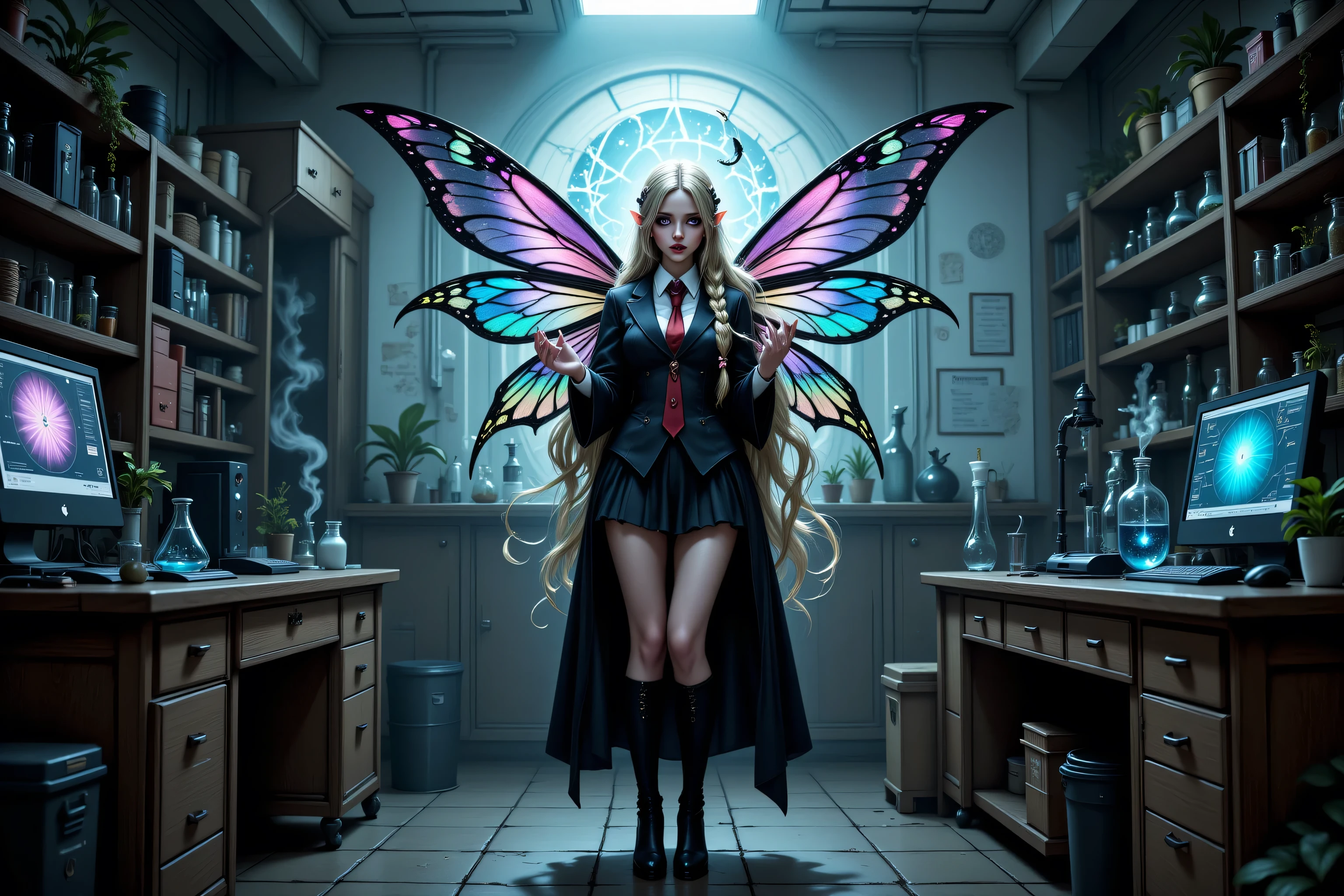 Faeothic,zavy-ctcmcs,w1n,hyp3rd3tail style,a picture of dark goth  fairy in her school science lab, casting a spell on dark plants, that grow wildly an exquisite beautiful female fairy, long blond hair, braided hair, dark colorful wings, pink eyes, wearing school uniform wearing red tie, wearing high heels, standing in a school lab, some bickers, vials, smoke rising from science experiment, computer screen, best quality, 16k, [ultra detailed], masterpiece, best quality, (ultra detailed), full body, ultra wide shot, photorealism
