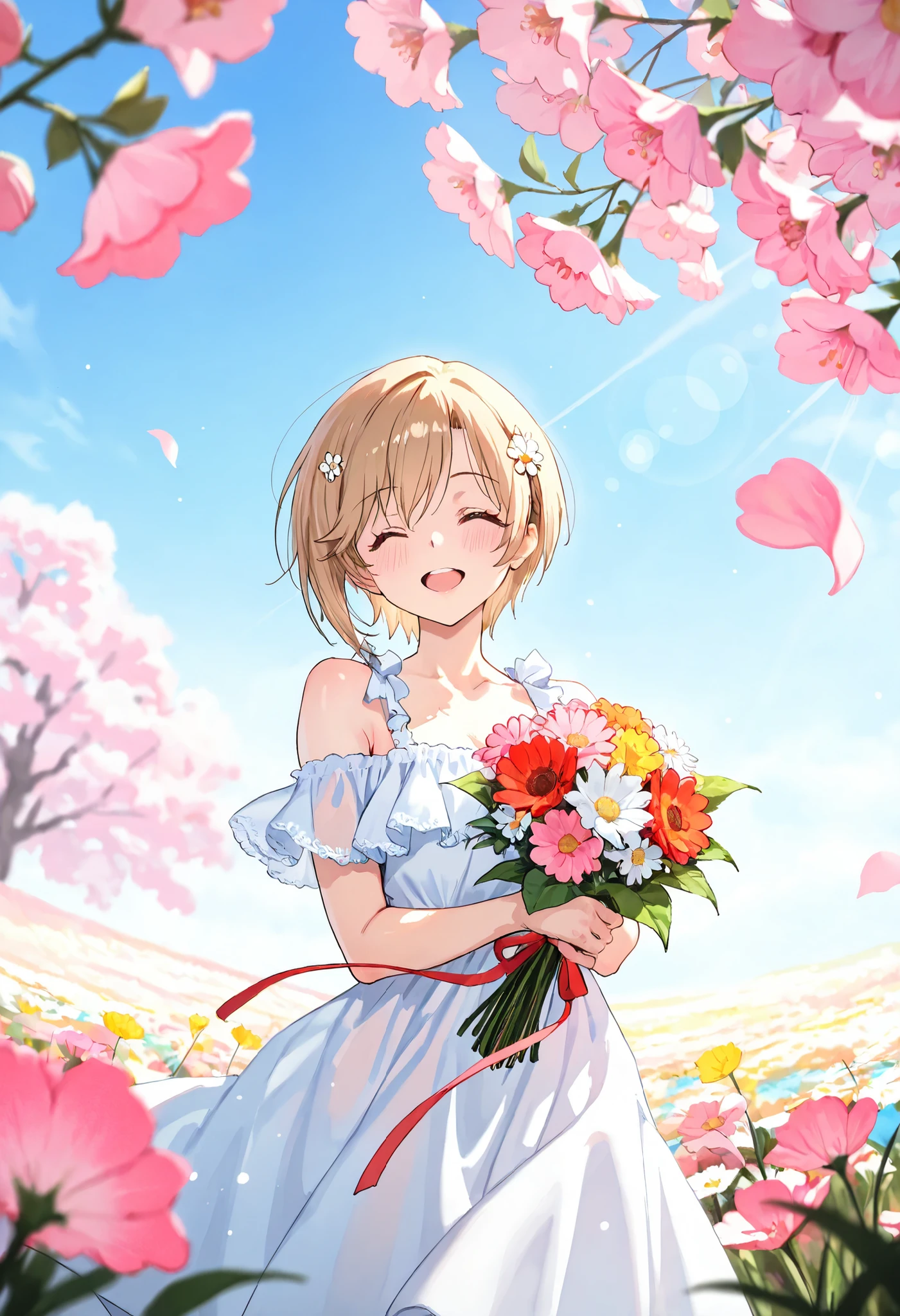 (Best Quality, super detailed, masterpiece, 8k, 16k, Wallpaper, Anatomically correct, fine detailed skin, fine detailed eyes, fine detailed hands, Accurate hands), summer day, blue sky, contrails, Dazzling sunlight, beautiful detailed sky, hight brightness, hight contrast, 1 girl, ((aiba yumi)), solo, upper body shot, medium chest, holding a bouquet, standing in the flower field, flowers in the foreground, Surrounded by flowers, looking at viewer, break, wearing a elegant design white dress, Transparent clothes, Bare shoulders, Lots of frills and lace clothes, break, happy smile, closed eye, open mouth, blush, beautiful shiny hair, many flower hair ornament, wide angle, panorama view, brake, Colorful light particles, detailed background, Depth of Field, bokeh, moya, lens flare, film reflections, vivid color,