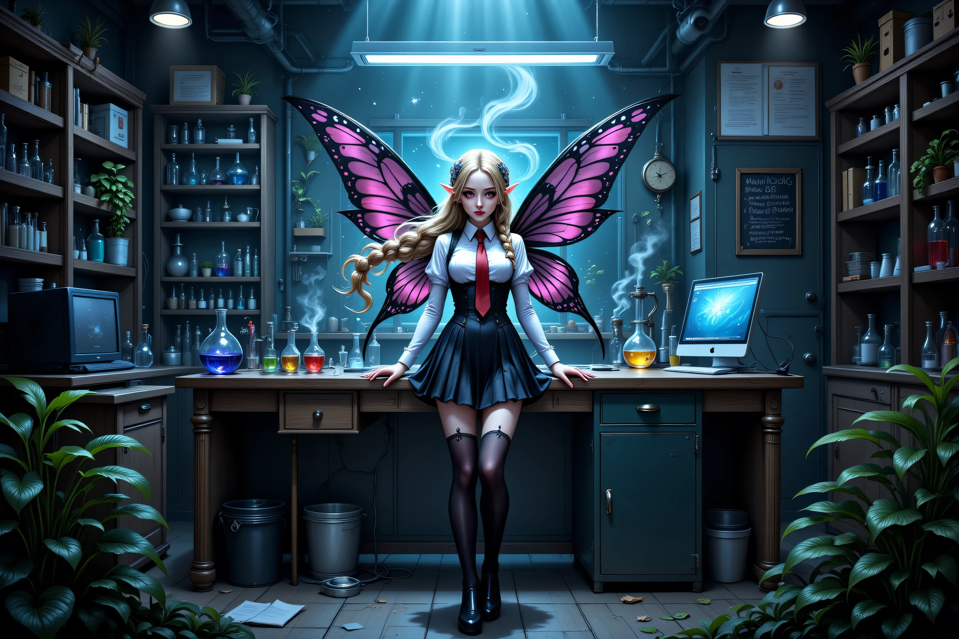 Faeothic,zavy-ctcmcs,w1n,hyp3rd3tail style,a picture of dark goth  fairy in her school science lab, casting a spell on dark plants, that grow wildly an exquisite beautiful female fairy, long blond hair, braided hair, dark colorful wings, pink eyes, wearing school uniform wearing red tie, wearing high heels, standing in a school lab, some bickers, vials, smoke rising from science experiment, computer screen, best quality, 16k, [ultra detailed], masterpiece, best quality, (ultra detailed), full body, ultra wide shot, photorealism
