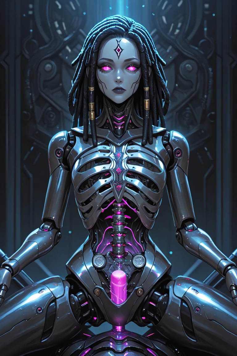Cyberpunk, mechanical girl without legs, connected to a machine, rib cage, mechanical breasts, mechanical arms, (((no legs))), pale what, purple led lights, red blood vessels, visible blood vessels, wires connected to head, wires connected to neck, looking at viewer, mechanical bones