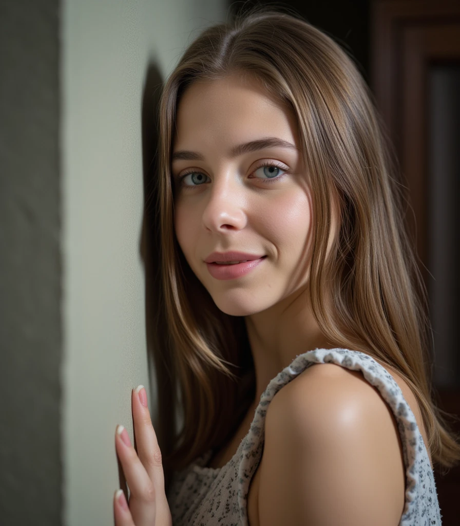 Young blonde long hair brown eyes, blue short dress profile picture 