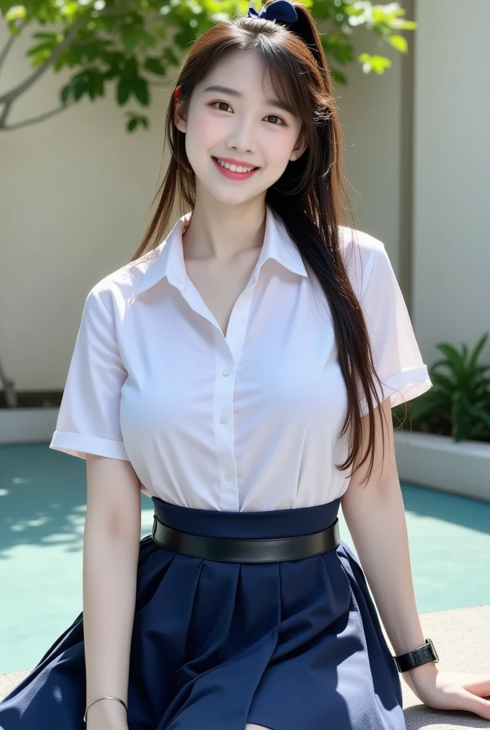 a closeup, masterpiece, top-quality, FULL ANATOMY、Raw foto, Photorealsitic、(Cute little face:1.8)、(Very cute smile:1.7)、(with round face:1.9)、(She looks like an idol and is cute:1.8), (A dark-haired)、(very cute school uniform:1.6), depth of fields, hight resolution, ultra-detailliert, finely detail, ighly detailed, extremely detailed eye and face, Realistic pupils, foco nítido, Cinematic lighting、18-year-old woman、(One lady、独奏:1.7)、 (poneyTail、curlyhair:1.3)、The background is in nature、Very detailed 8k wallpaper、Show me your whole body、Looking at the camera、(Too short plaid pleated skirt、I can see the white panties、Plump panties、Lift the hem of the skirt with both hands、Showing her panties to the camera:1.7)、(Pink Fishnet Stockings)、(Brown Long Boots:1.4)、is standing、Angle from below、(Thigh close-up:1.6)、(Nice figure、big breasts thin waist)、(Clothes with emphasized chest bulge、huge tit:1.6)、depth of fields、Bokeh in the background