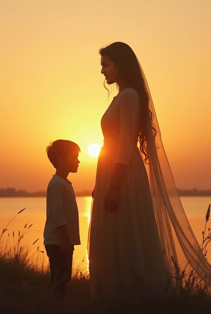 A Queen is very beautiful.She wear very attractive traditional dress.She is crawling in the forest.Her little black son hugs to her waist.