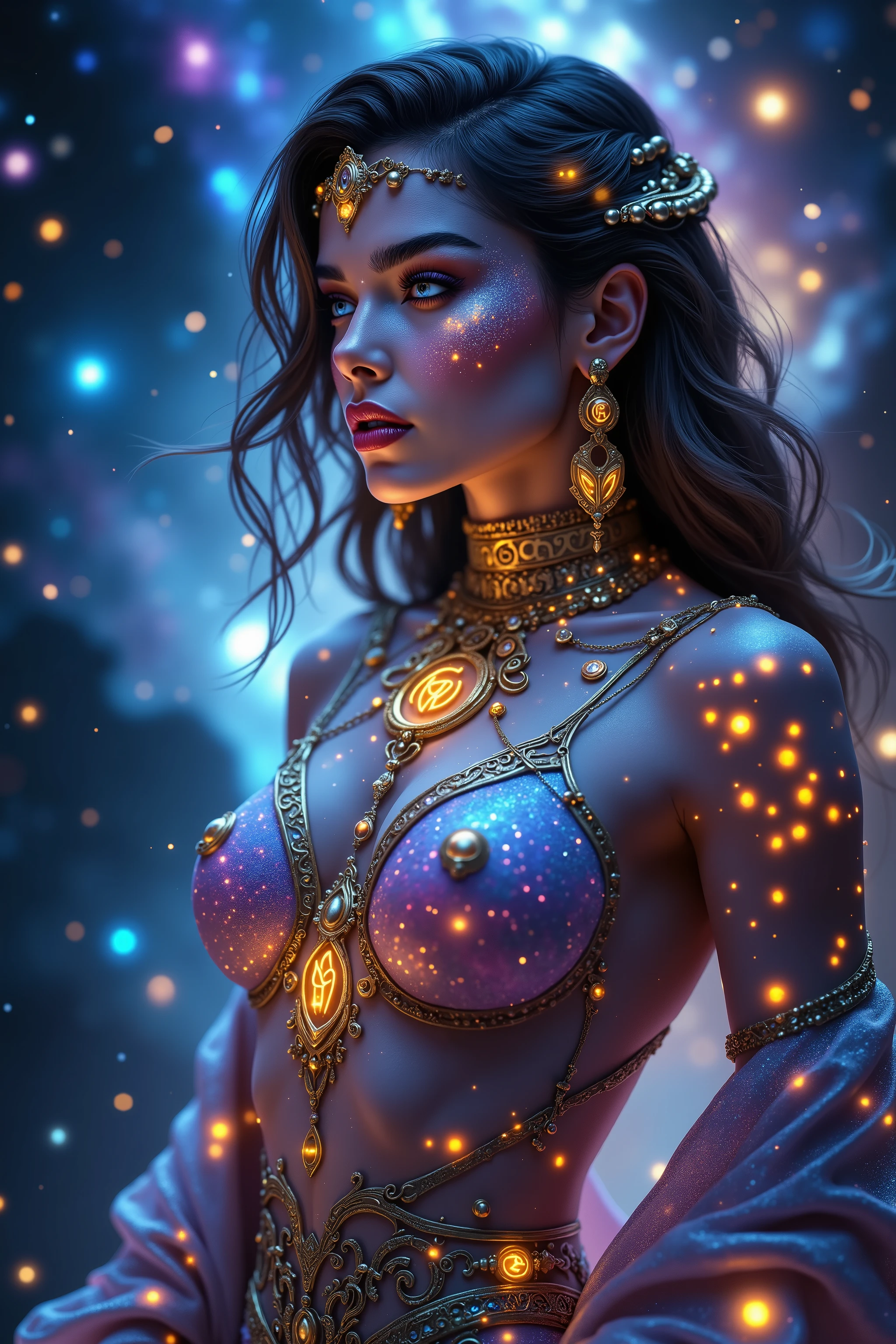 In a kaleidoscopic realm of swirling iridescent stardust and blazing neon nebulae, the celestial enchantress Grace holds rapturous dominion. Her incandescent form outshines the brilliance of quasars.
Grace's divine visage is haloed by ethereal obsidian tresses cascading down her curvaceous silhouette. Her smoldering indigo eyes penetrate any who behold their kaleidoscopic depths.
The enchantress's prismatic garments radiate the full spectrum across her sensuous curves. Diaphanous crimson, ultraviolet, and violet robes spiral in a chromatic vortex. Stardust swirls crown her as the mistress of beguiling chromatic allure.
Her chromatic domain births new realms of dazzling color - fuchsia nebulae amid emerald stellar nurseries shower azure stars. Colliding amber and turquoise galaxies birth ultraviolet and indigo splendor.
Though her chromatic temptation could overwhelm mortals, Grace's power lies in nurturing radiance. Weaving prismatic strands, she infuses newborn celestial bodies with infinite potential. Obsidian lips seem to breathe the secrets of rainbows.
In this blinding, coruscating realm, the smoldering yet fully-clothed celestial enchantress Grace reigns supreme. Her irresistible kaleidoscopic allure fuels perpetual dazzling creation and rebirth throughout the cosmos.