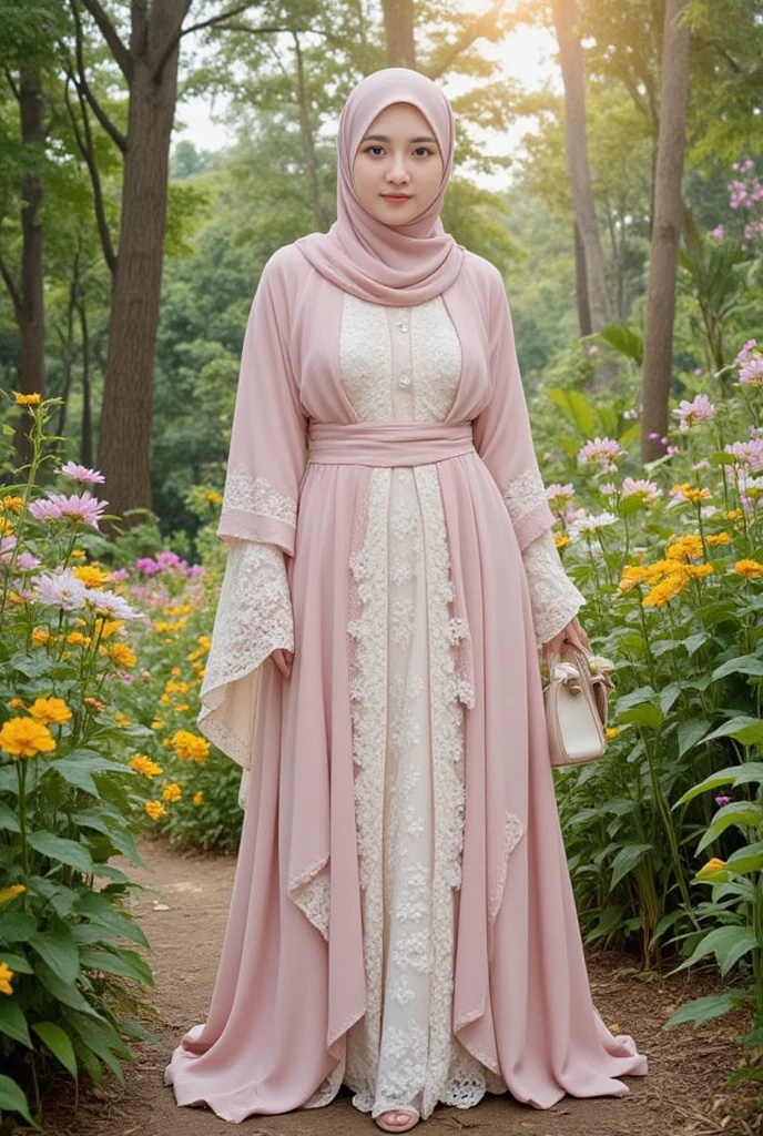 Capture a medium shot of a young malay woman with light pink hijab and abaya and captivating eyes. Utilize raytraced photography to emphasize the intricate details of her features. Apply a cool and pinkish color grading to enhance the overall aesthetic, creating a visually striking composition. Ensure the woman is looking directly at the camera. Surrounded by flowers everywhere. In the morning in a garden. Tilt shot.
