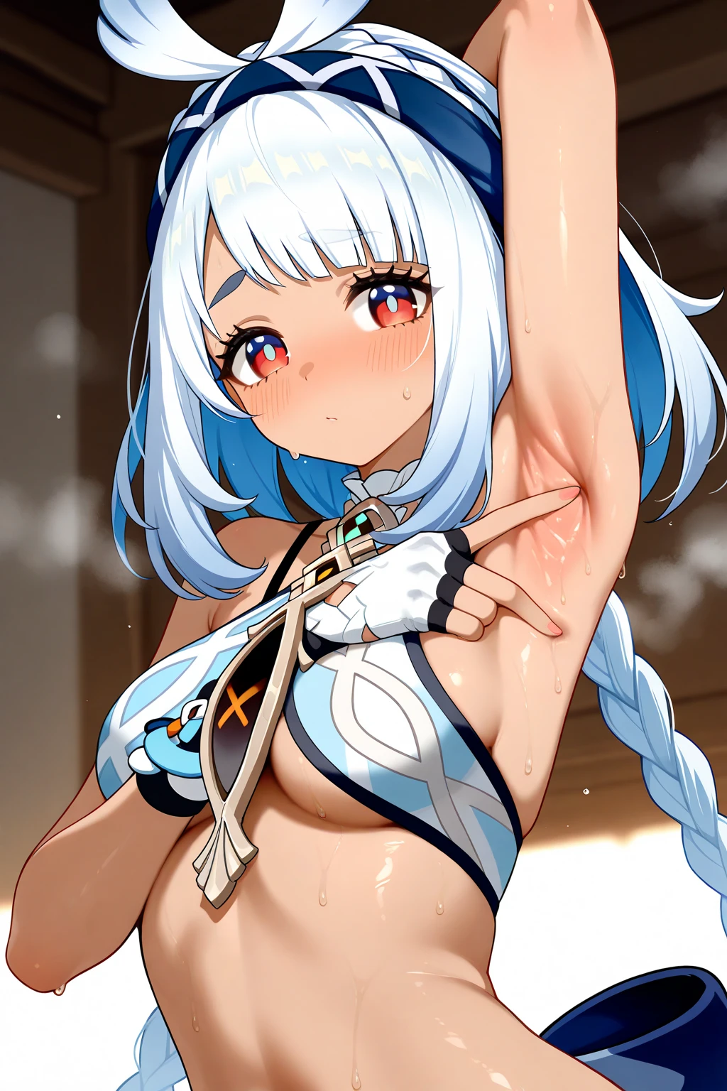 10 years old girl, white micro bikini, silver hair, {{{masterpiece}}}, {{{best quality}}}, (erectile nipples), ((trembling)), (((vulgarity))), (five finger), spread vagina, show off nipples