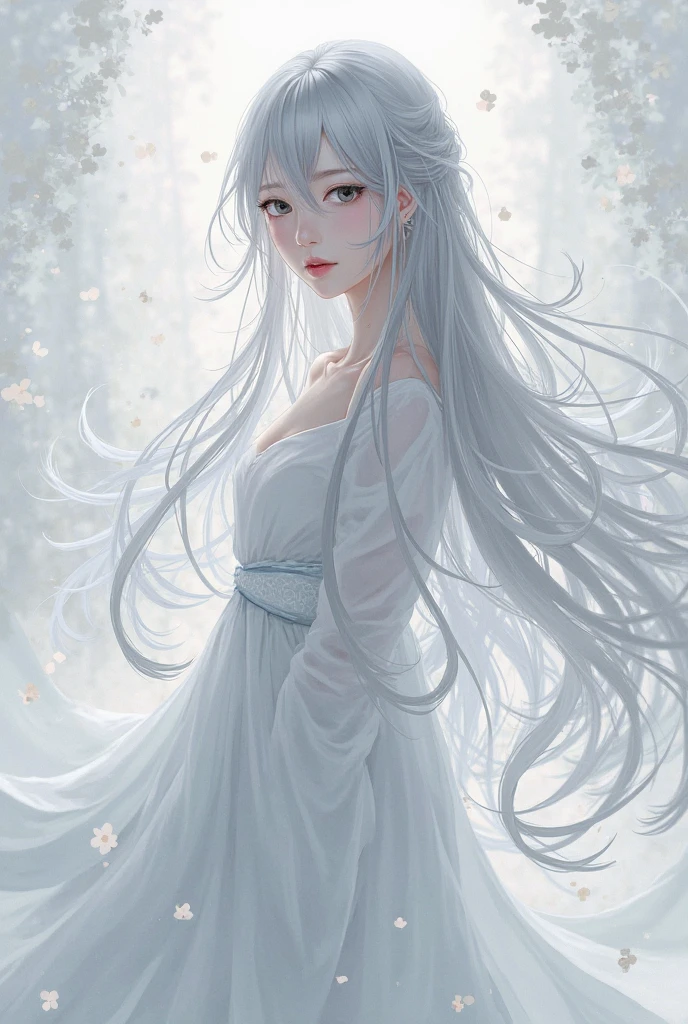 A snow spirit, a spirit of snow, appears in the dark night, in the midst of a heavy snowfall, very beautiful, wearing a white kimono, her skin is translucent white, her hair is long and black, and her eyes are blue and shining, The spirit's long black hair is disheveled by the strong wind, In the darkness, the light shines only on the genie, and it is very fantastic. All white costume, beautiful face, lonely pale face, looking forward, but her eyes are downcast and lonely, A white dragon is dancing in the sky, Watercolor, wet-on-wet or splatter technique, centered, perfect composition, abstract, surrealism, watercolor, wet on wet and splattering techniques, centered, perfect composition, abstraction, surrealism