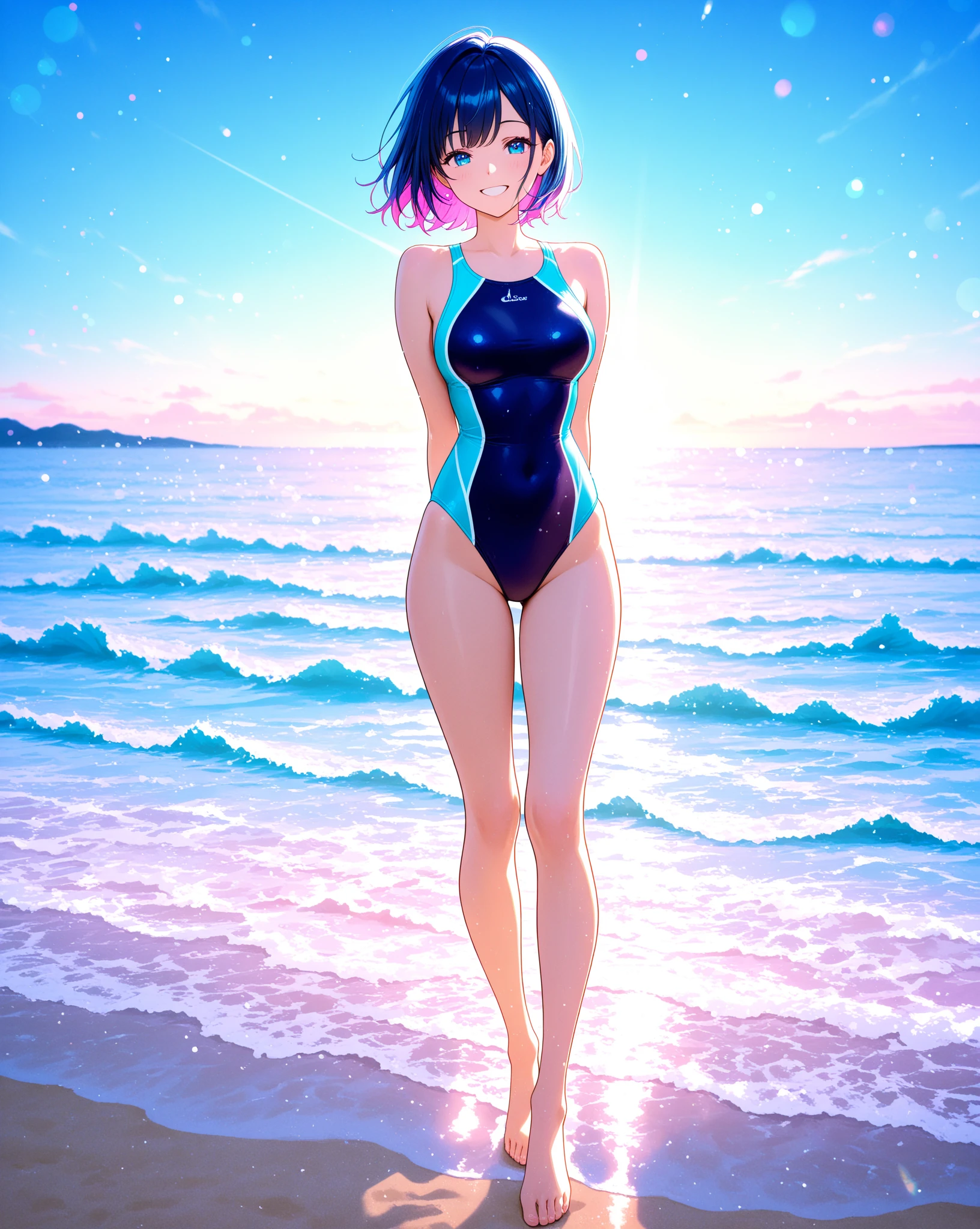 a woman walking on the beach at night with glowing waves, makes the sea area glowing water, luminous water elemental, glowing blue, glowing water, blue bioluminescence, with glowing blue lights, glow wave, blue lighting. fantasy, filled with bioluminescence, ocean sprites, glowing with magic, bioluminescent skin!, glowing flowing hair