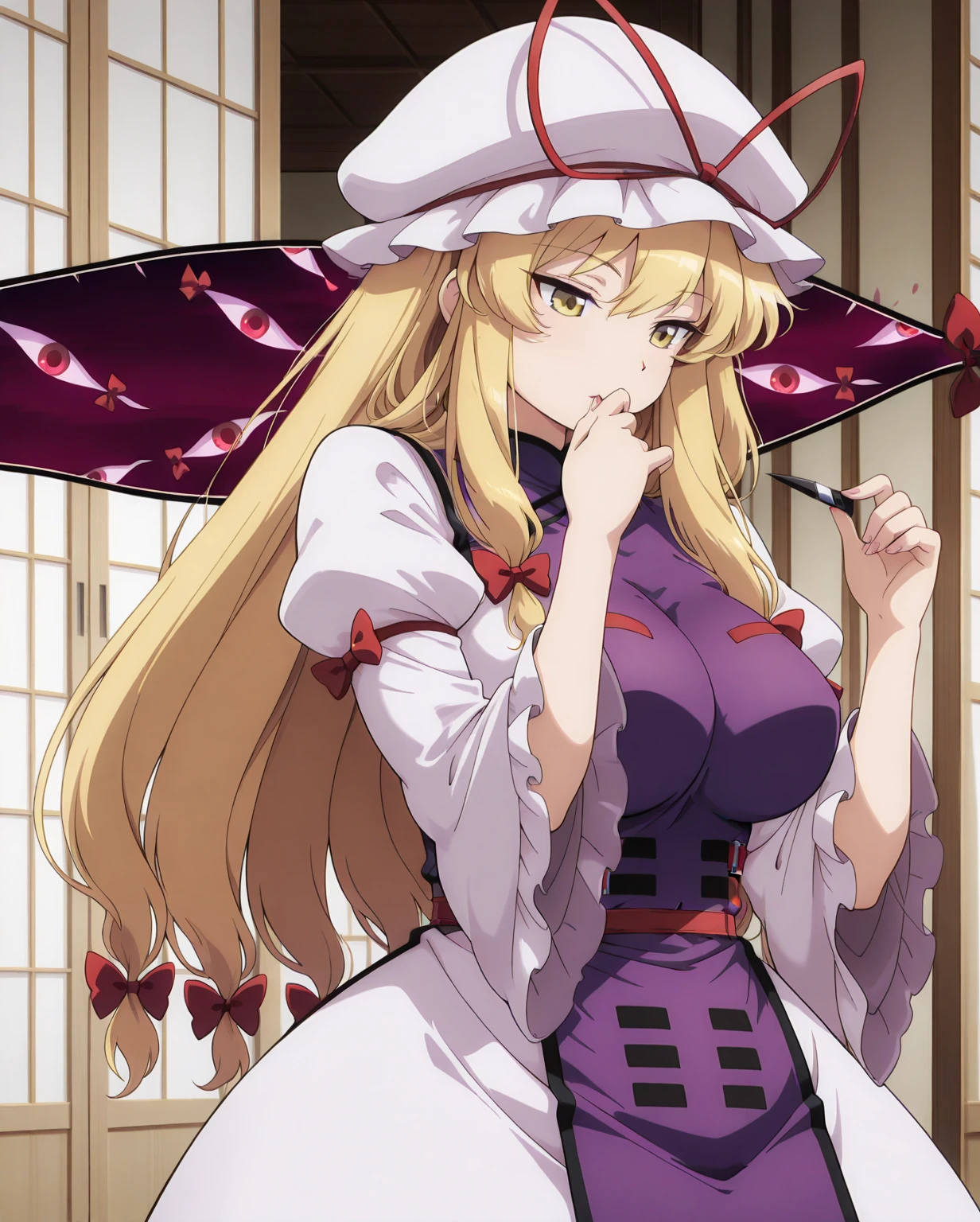 ftselenekim, pink eyes, mature female, blonde hair, hat, clothes, ftselenecas, pink eyes, blonde hair, maturefemale,cleavage, kimono, japanese clothes, moon, white clothes , big chest, smile, perfect waist, large breasts, kimono