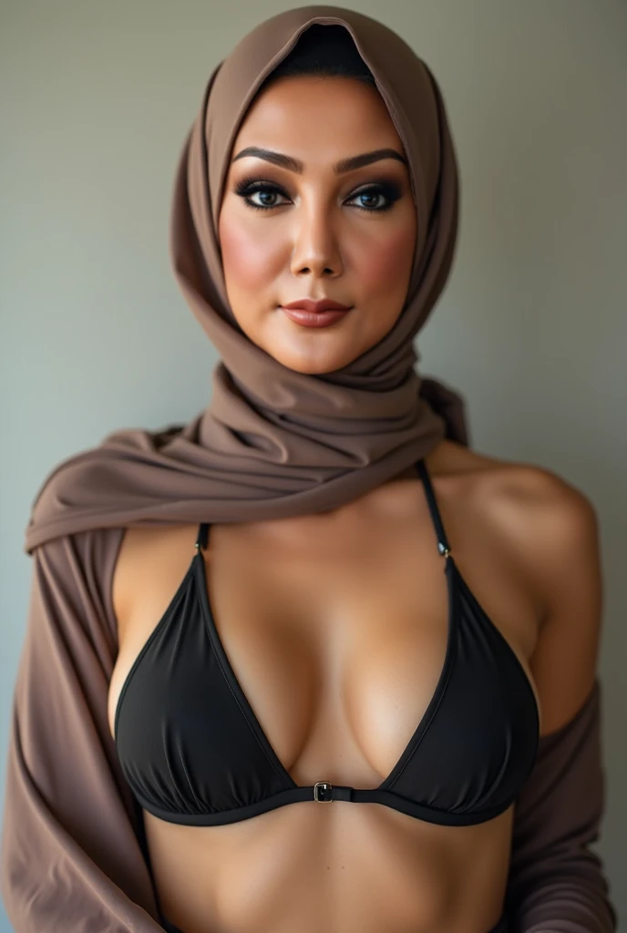 ((GOTHIC BLACK LIPS)), 10 years old, baby face, adorable, 1 girl, (face to face), 10 years old, baby face, happy, half body portrait, (face details: 1), (eye details: 1), ((big breasts)). wearing transparent transparency long shirt, hijab, .. Cute posed. proportional body. Ultra High Res. realistic: 1.4, UHD, ((BIGGER:1.9(), ((leopard pattern))