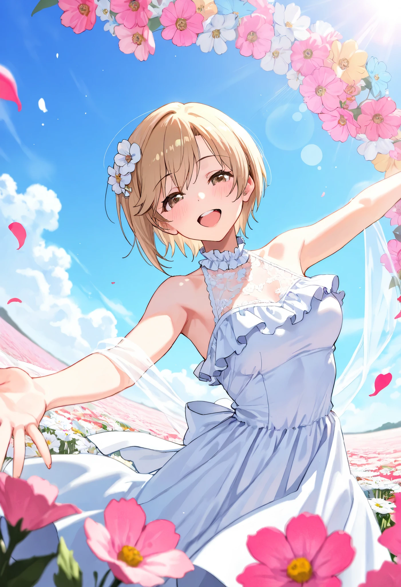 (Best Quality, super detailed, masterpiece, 8k, 16k, Wallpaper, Anatomically correct, fine detailed skin, fine detailed eyes, fine detailed hands, Accurate hands), summer day, blue sky, contrails, Dazzling sunlight, beautiful detailed sky, hight brightness, hight contrast, 1 girl, ((aiba yumi)), solo, upper body shot, medium chest, out spread arms, Spinning around with arms outstretched, standing in the flower field, flowers in the foreground, ((Surrounded by flowers)), Lots of petals, looking at viewer, break, wearing a elegant design white dress, Transparent clothes, Bare shoulders, Lots of frills and lace clothes, break, happy smile, Half-closed eyes, open mouth, blush, beautiful shiny hair, many flower hair ornament, wide angle, panorama view, brake, Colorful light particles, detailed background, Depth of Field, bokeh, moya, lens flare, film reflections, vivid color,