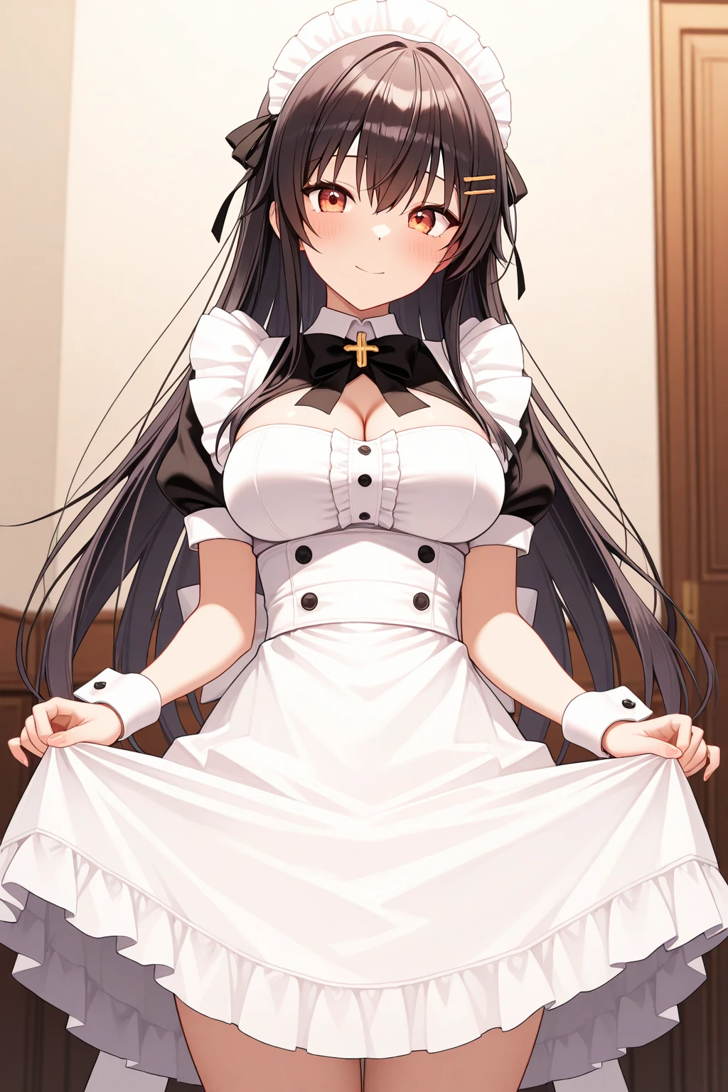 masterpiece,best quality,1girl,brown eyes,white dress,sleeveless,brooch,upper body,crimson sky,large breasts,cowboy shot
