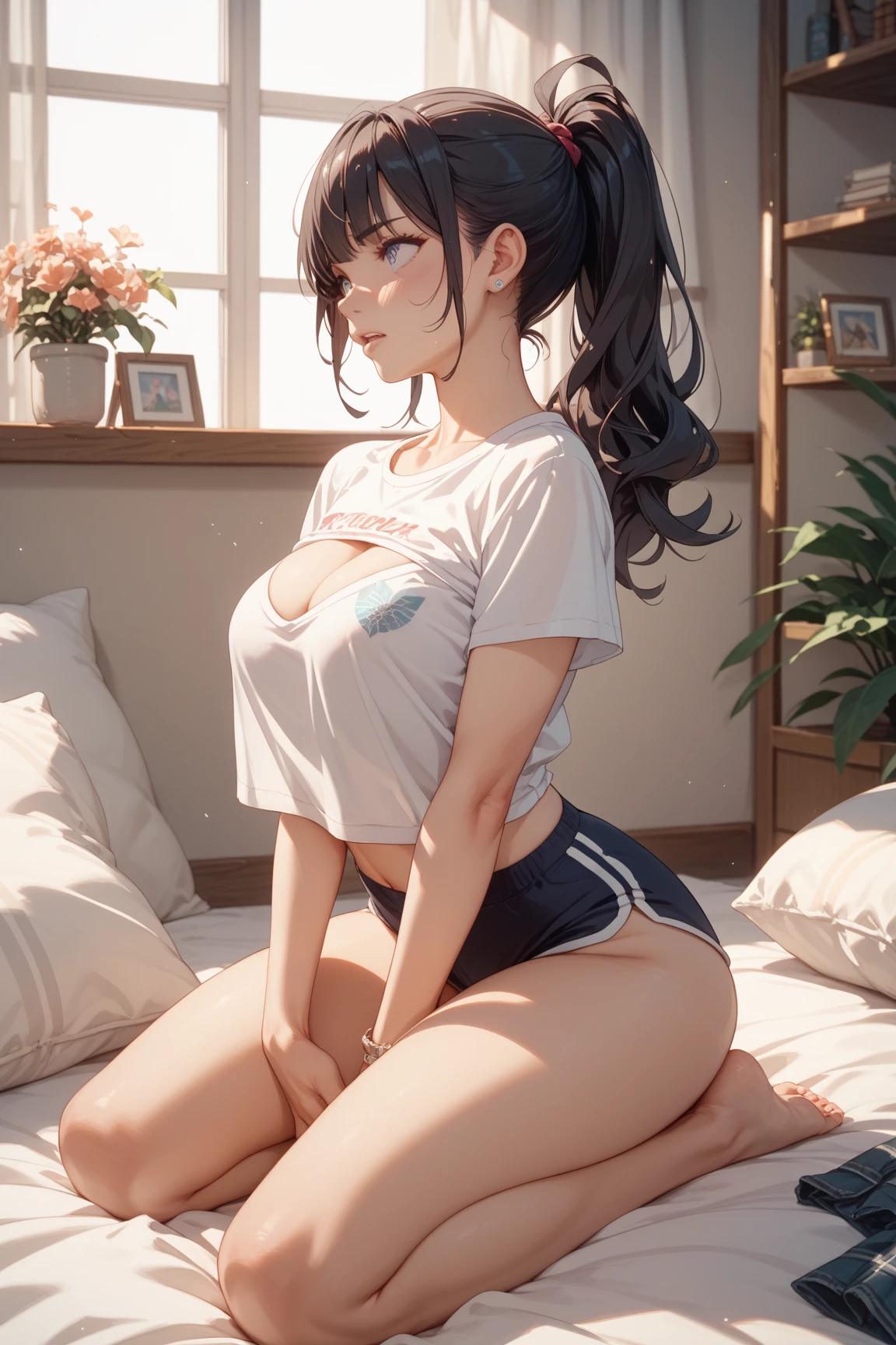 Sitting, bedroom,full body,(ultra detailed skin),curvy,,beautiful breasts, accentuated super huge enormously large breasts,pale skin,pointy breasts,erect nipples,(Hyperrealist portrait,(8k),ultra-realistic,high detail,high resolution,best quality,masterpiece,Sense of presence,Dynamic,bold),(thin hair),(soft hair),(straight hair:1.5),Swept long bangs,extra light red hair,hair over one eye,crop tank top and mini thong ,tight mini skirt, white thigh high socks, bedroom, sitting spreading her legs open